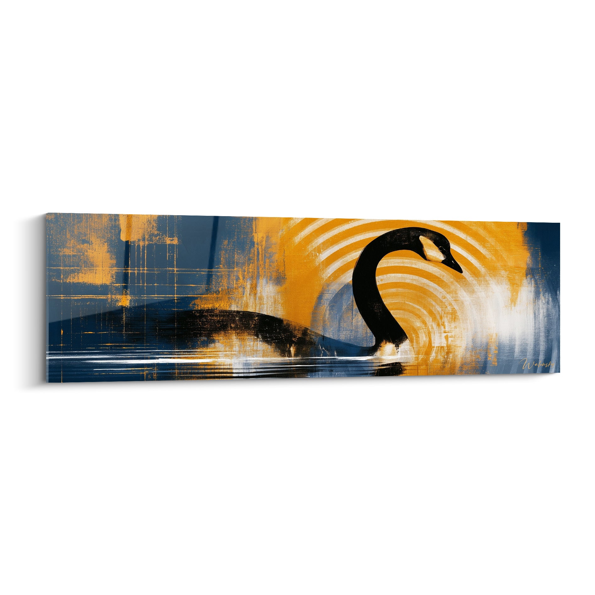 Canard noir au cou incliné, cercles ocre et fond bleu marine texturé, traitement graphique épuré