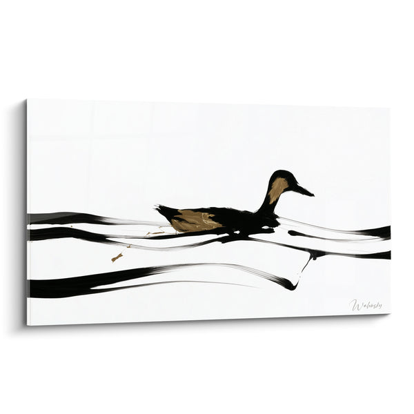 Gemälde Schwarzer Stockente mit Ockerreflexionen auf reinem Wasser - Ruhige Durchfahrt - Edition Stockente
