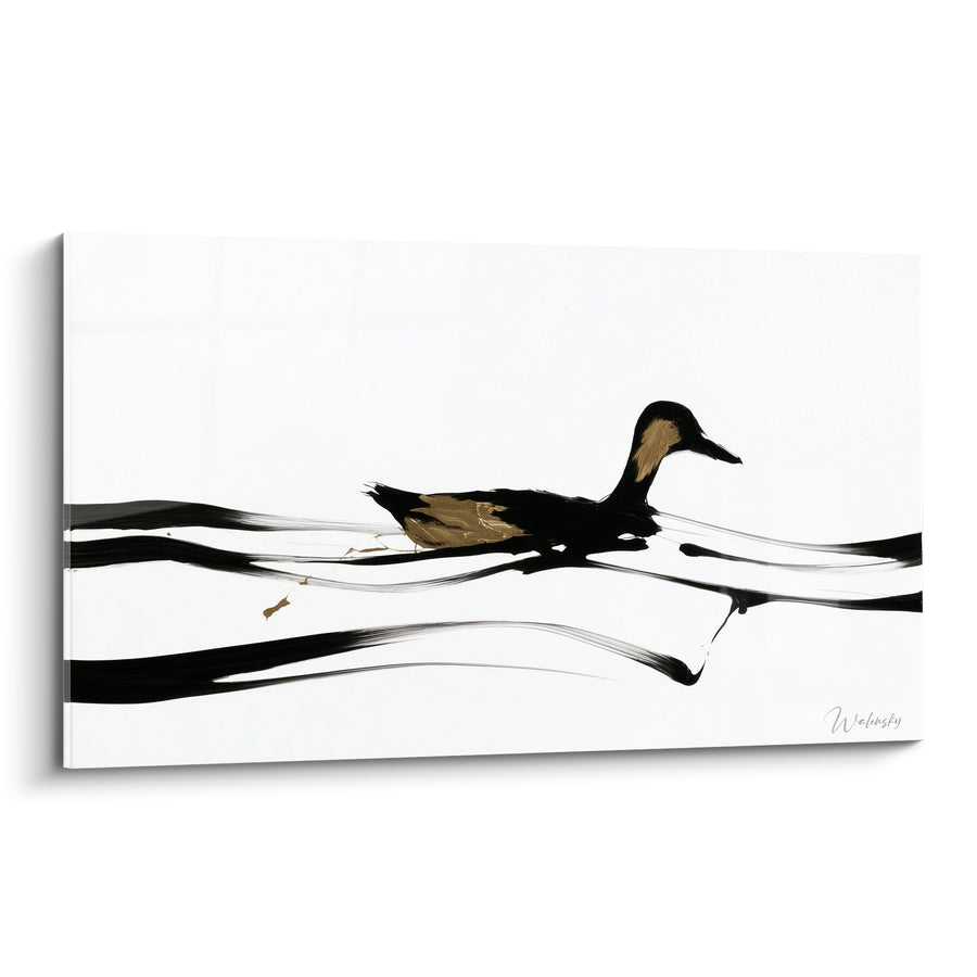 Cuadro de Pato Negro con Reflejos Ocre sobre Agua Purificada - Travesía Silenciosa - Edición Pato