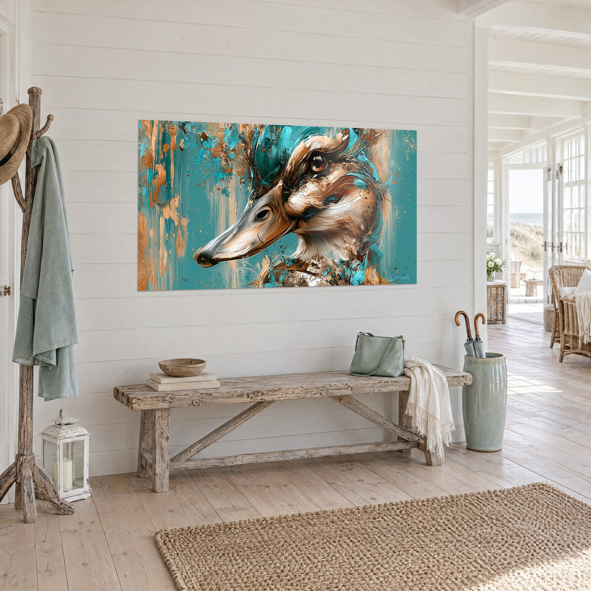 Quadro ritratto di uccello acquatico, piumaggio marrone e crema, schizzi turchesi, appeso alla parete di una casa al mare