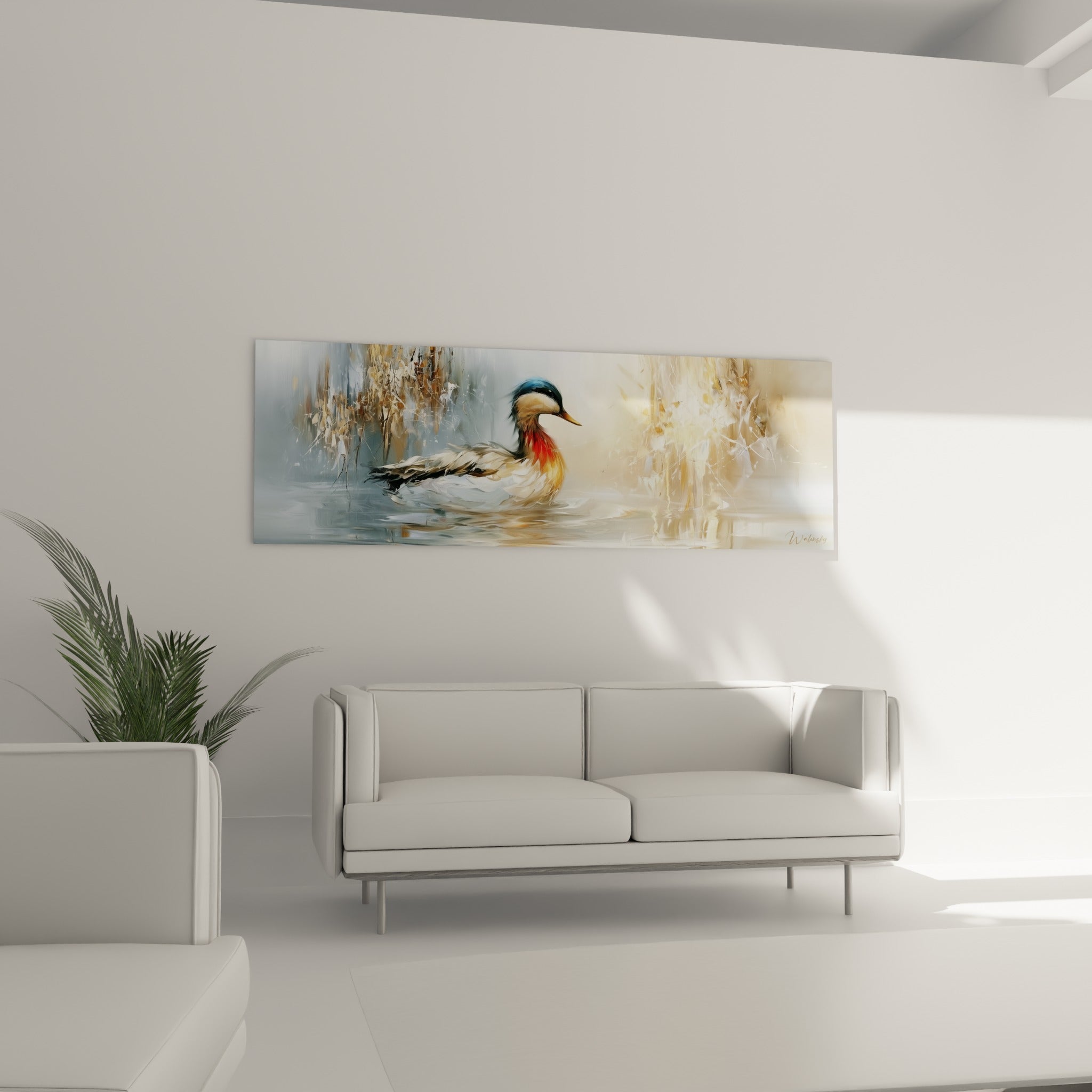 Canard blanc et ocre nageant dans une brume dorée, au-dessus d'un canapé dans un salon lumineux