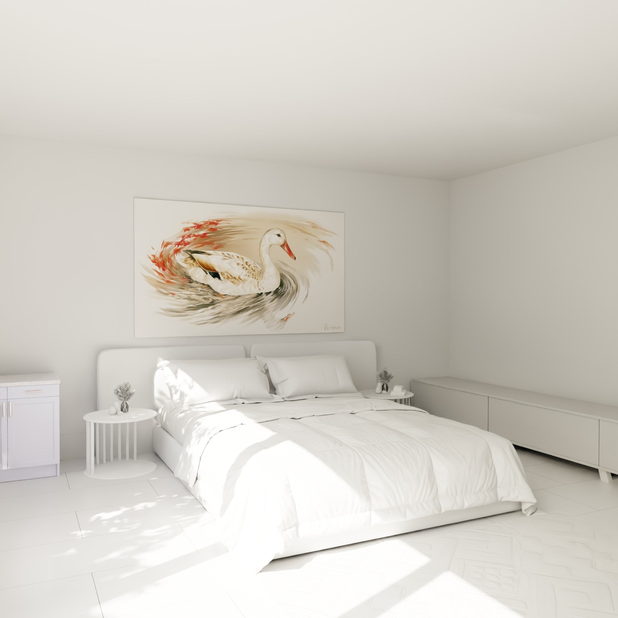 Canard aux plumes ocre et blanches glissant sur l'eau, accroché au-dessus d'un lit dans une chambre claire