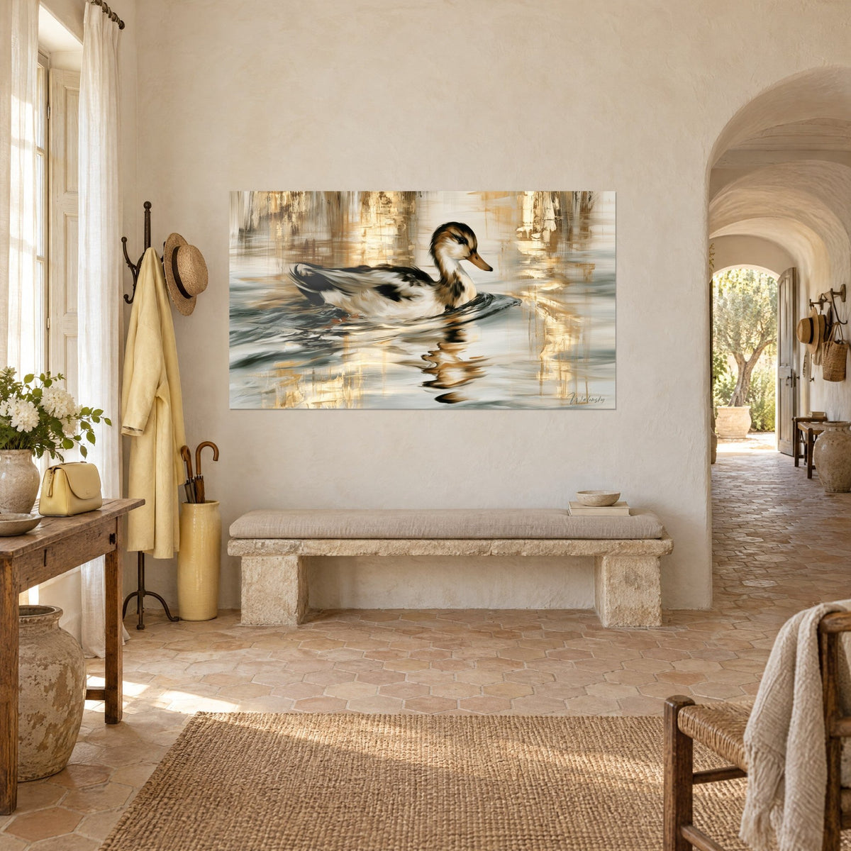 Tableau palmipède à bec orangé glissant sur reflets ocre et gris, accroché au-dessus d'un banc de pierre dans un mas provençal