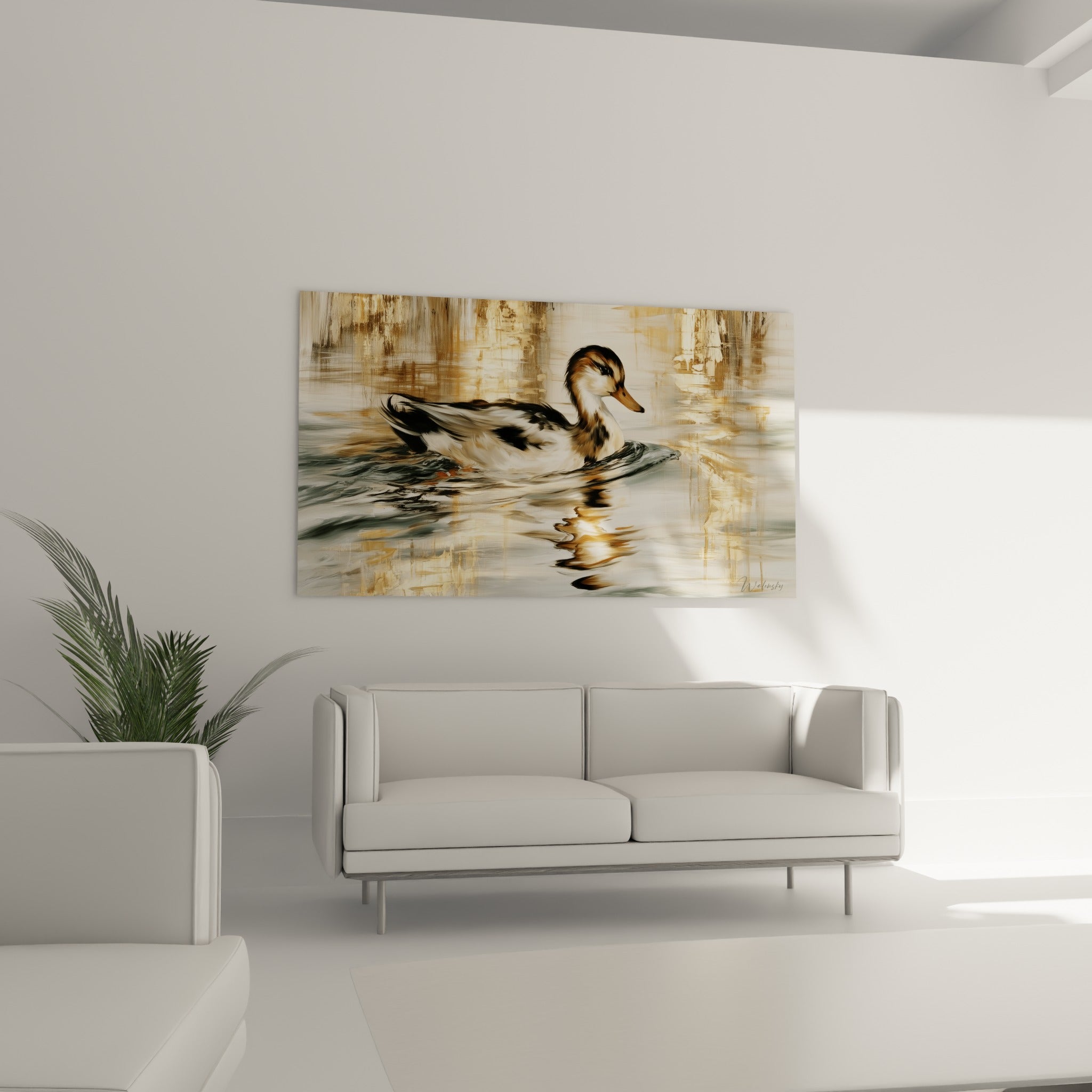 Canard ocre et gris-vert flottant sereinement, placé au-dessus d'un canapé dans un salon lumineux