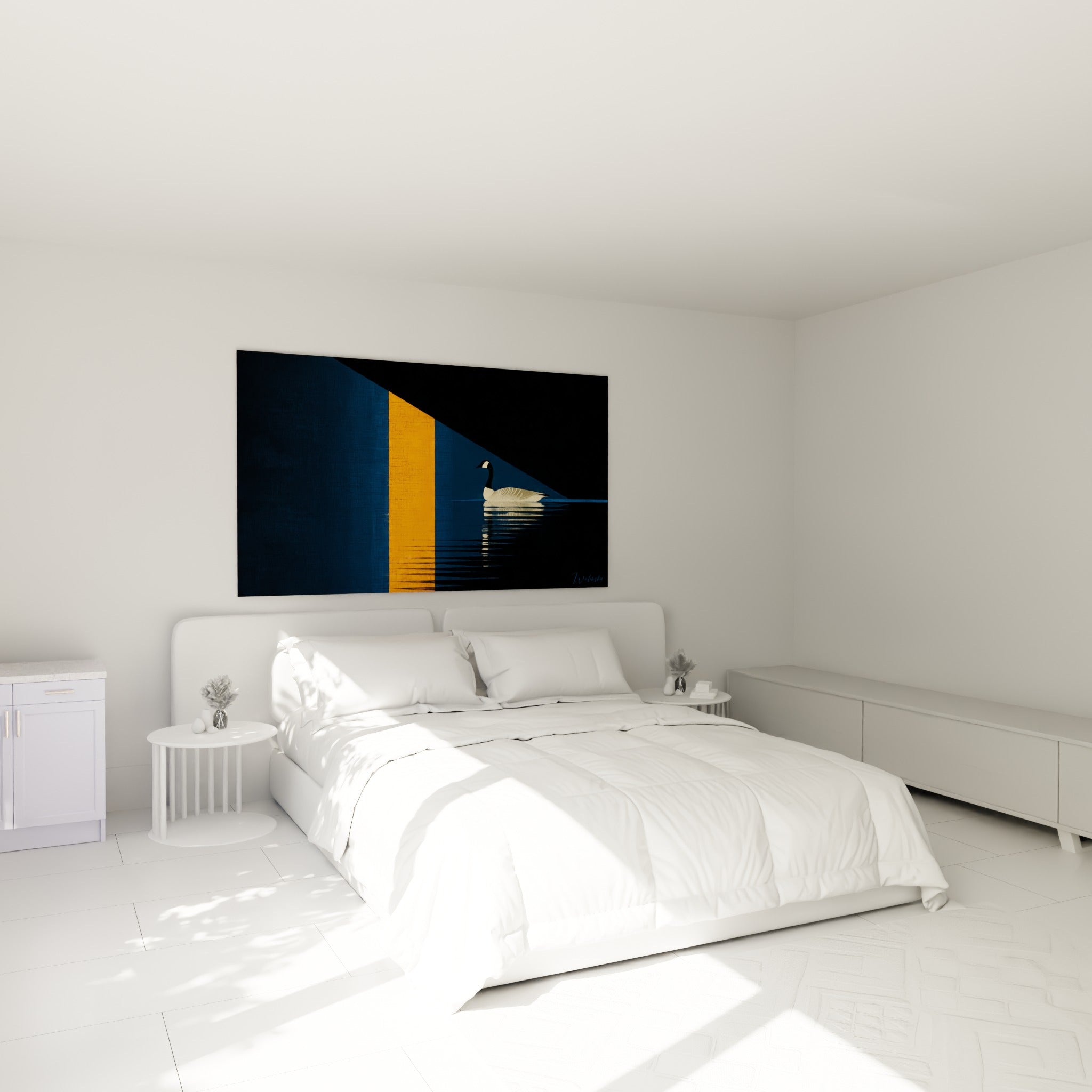 Oiseau aquatique aux tons bleu marine et orangé, au-dessus d'un lit dans une chambre claire