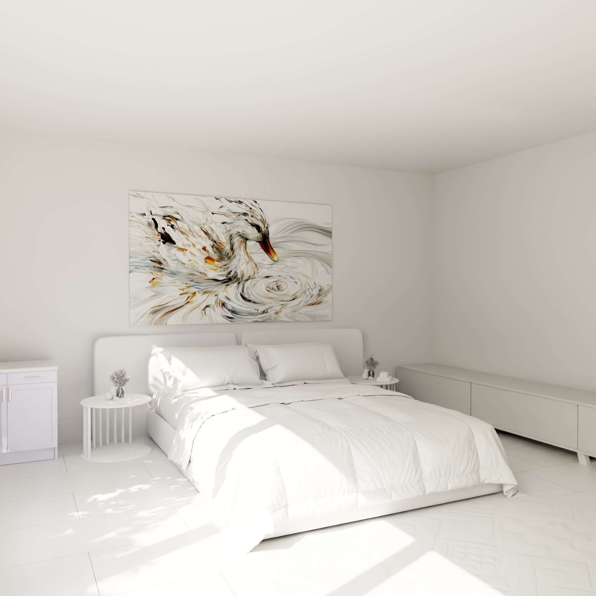 Canard aux tons blanc et ocre, bec plongé vers l'onde, au-dessus d'un lit dans une chambre claire