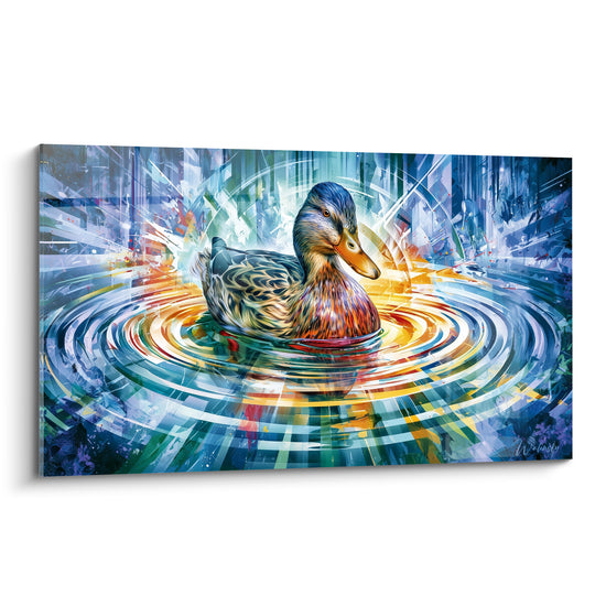 Canard aux reflets bruns et dorés nageant au centre d'ondes concentriques bleu marine et turquoise