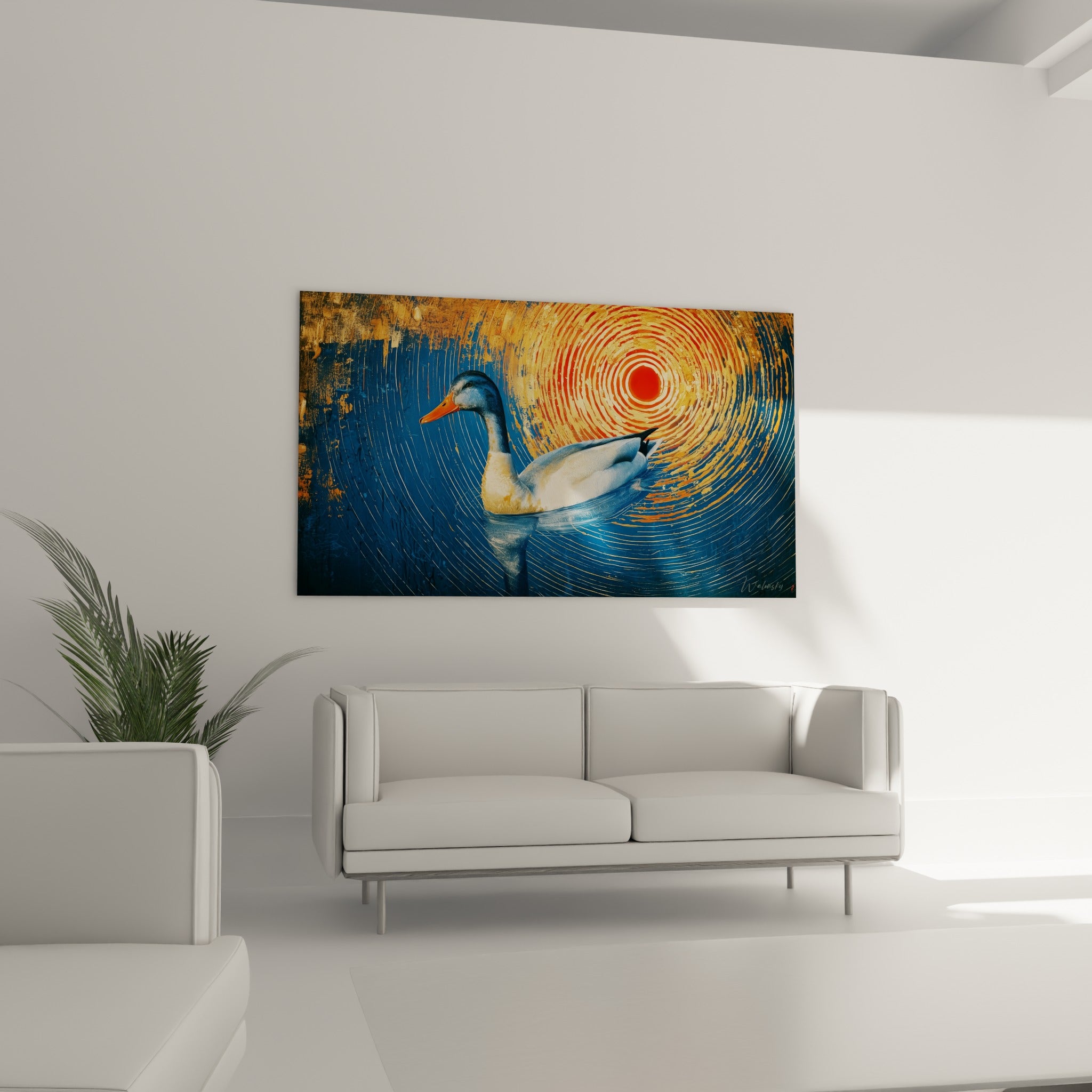 Canard glissant sur des ondes bleu marine et dorées, au-dessus d'un canapé dans un salon lumineux