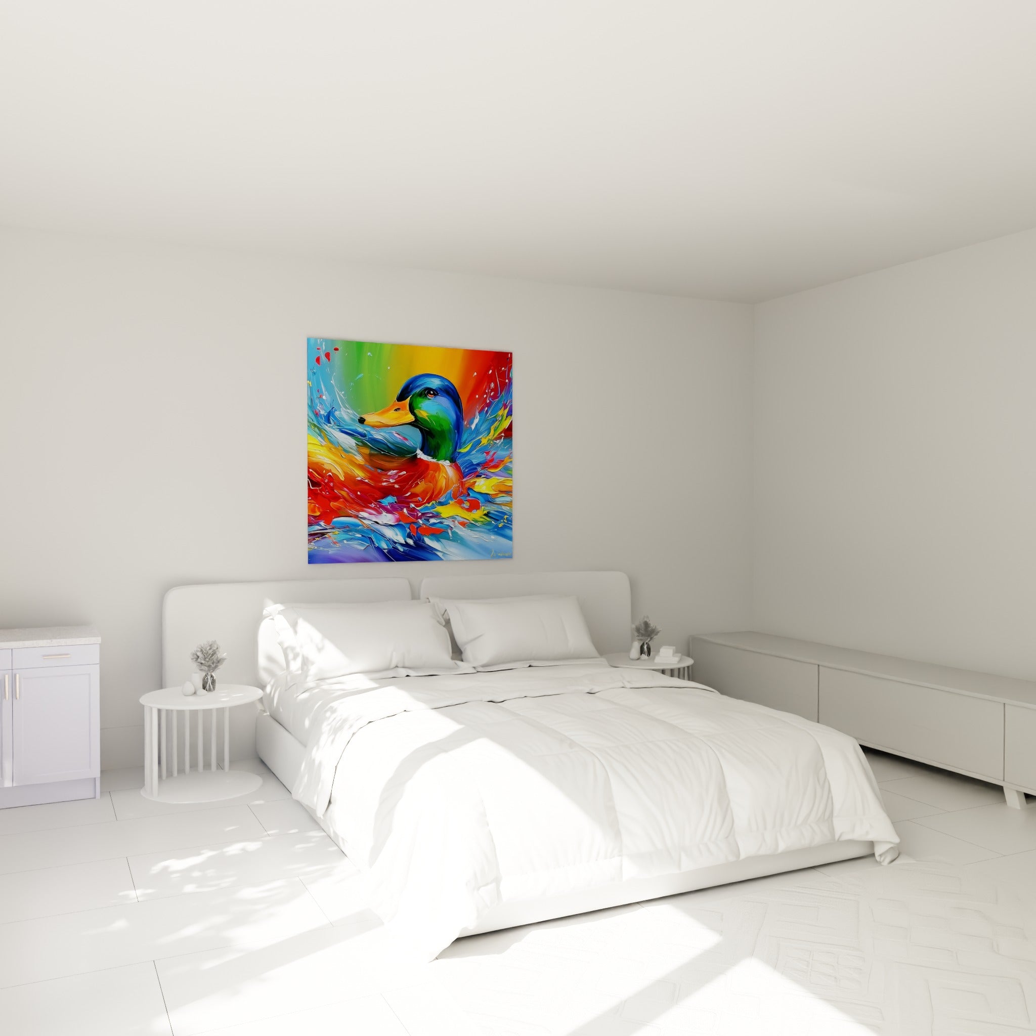 Canard colvert aux teintes vertes et orange vif accroché au-dessus d'un lit dans une chambre claire