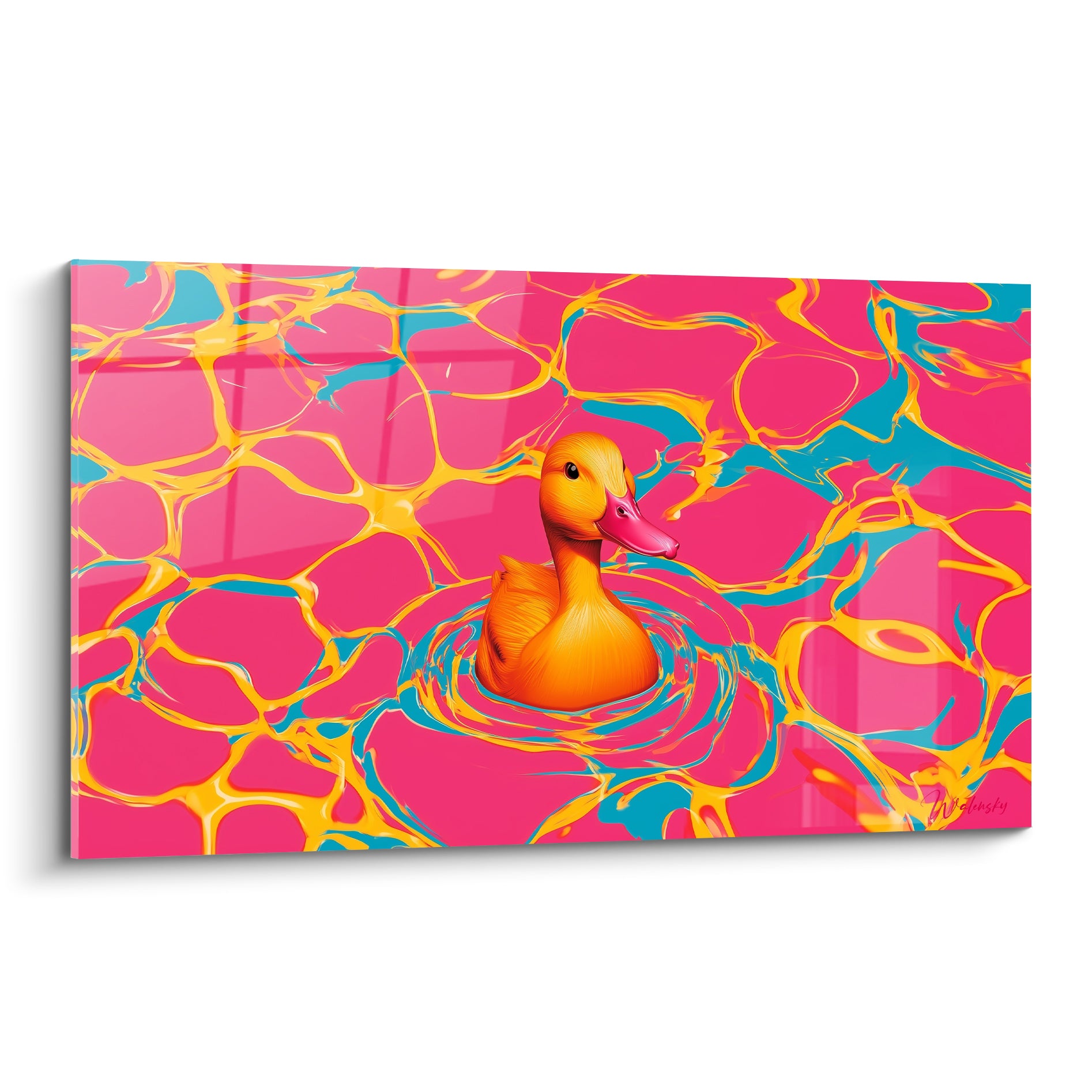 Canard orange au bec rose flottant sur une eau fuchsia et turquoise tourbillonnante