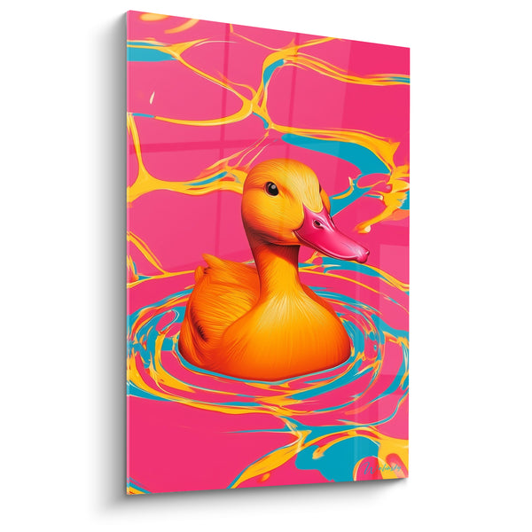 Orange Duck Painting with Pink Beak on Fuchsia Background - Turquoise Filaments Intertwined - Duck Edition