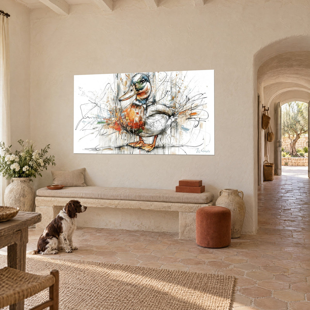 Schilderij zwemvogel met blauwe hals en roestbruine borst, okerkleurige spatten, tegenover een bruin-witte spaniël op een boerderij