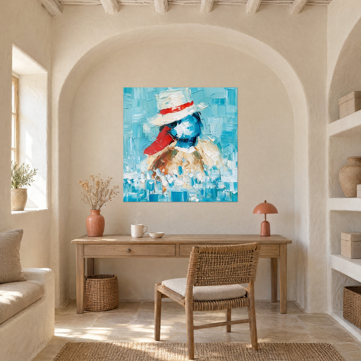 Cuadro pato de perfil en pinceladas gruesas, sombrero blanco, pico rojo, planos turquesa, encima de una consola de madera en un despacho