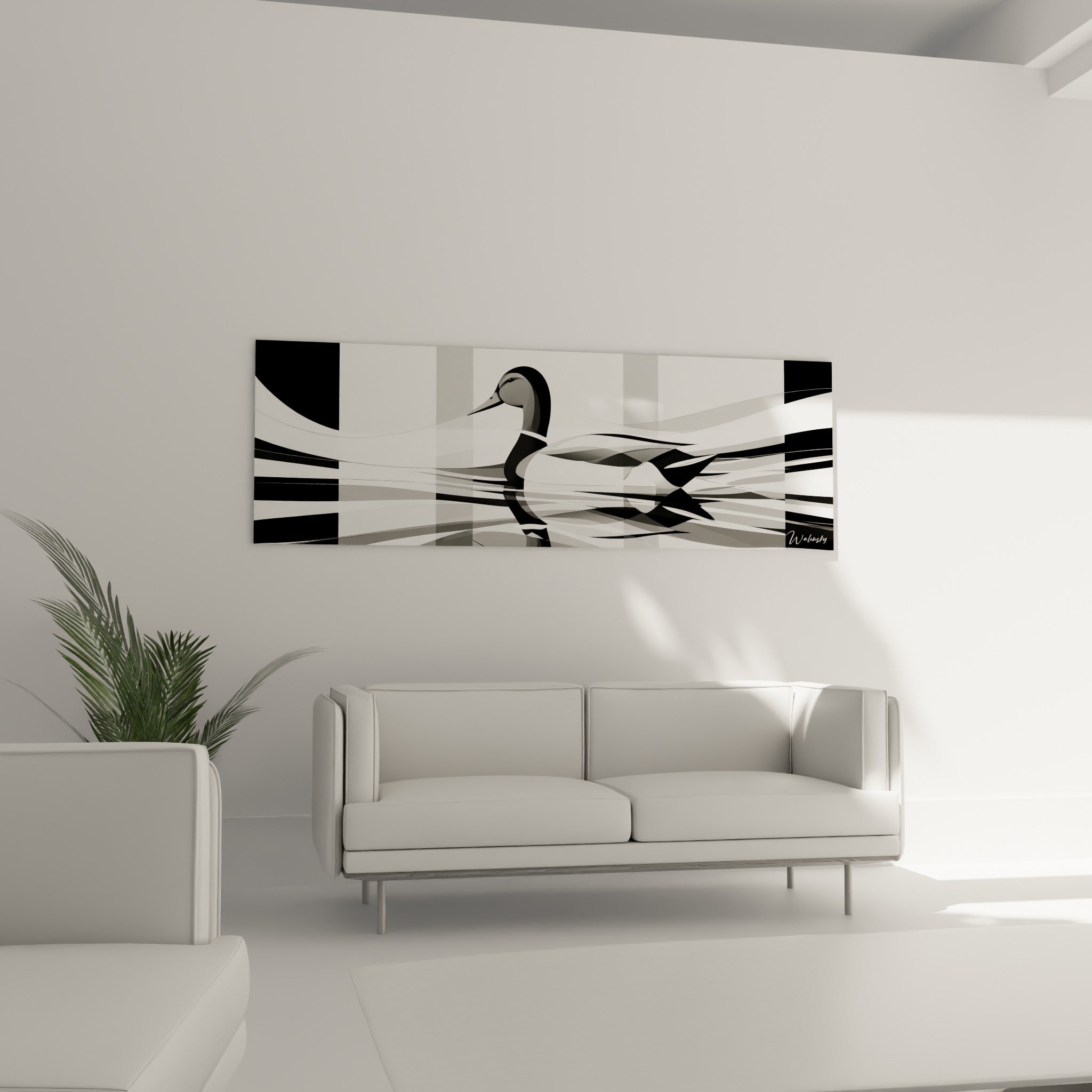 Canard pilet aux tons gris et anthracite dans un décor de vagues, au-dessus d'un canapé dans un salon lumineux