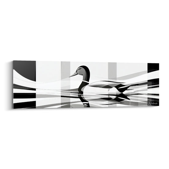 Canard pilet stylisé en noir, blanc et gris, bandes verticales et reflets d'eau graphiques