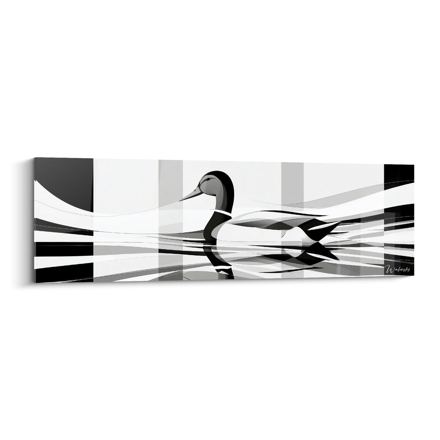 Cuadro de Pato Negro y Blanco sobre Rayas Verticales - Tablero de Grises - Edición Pato