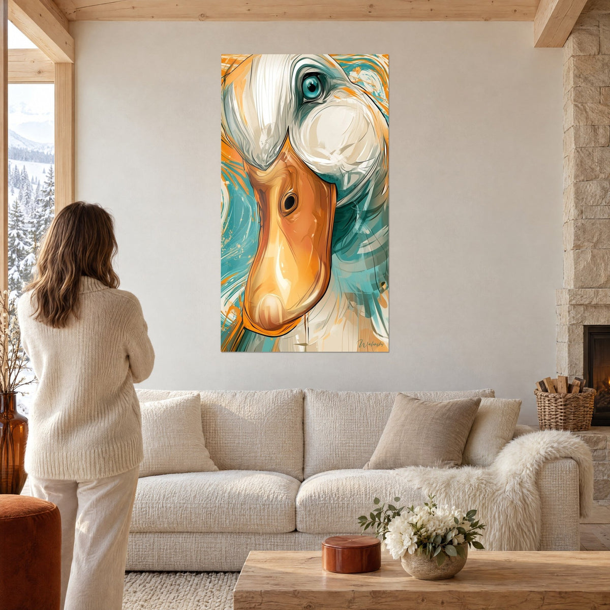 Tableau canard blanc au regard turquoise fixe, bec orange lumineux sur fond bleu sarcelle, au-dessus d'un canapé dans un salon lumineux