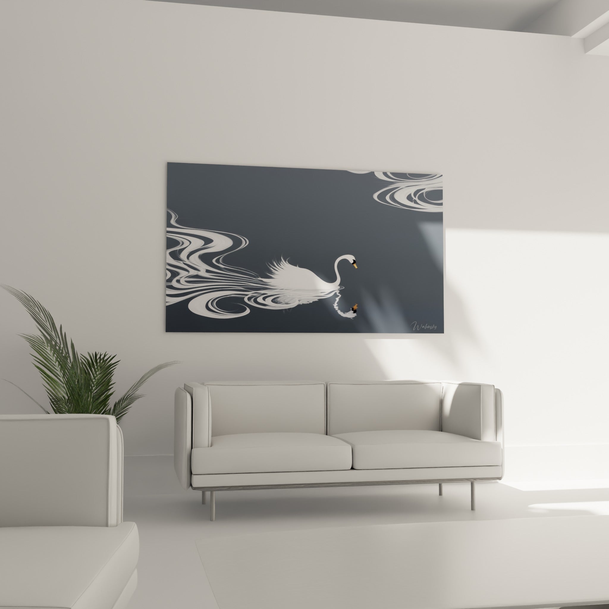 Silhouette blanche d'un cygne nageant sur une eau sombre veinée de blanc, au-dessus d'un canapé dans un salon lumineux