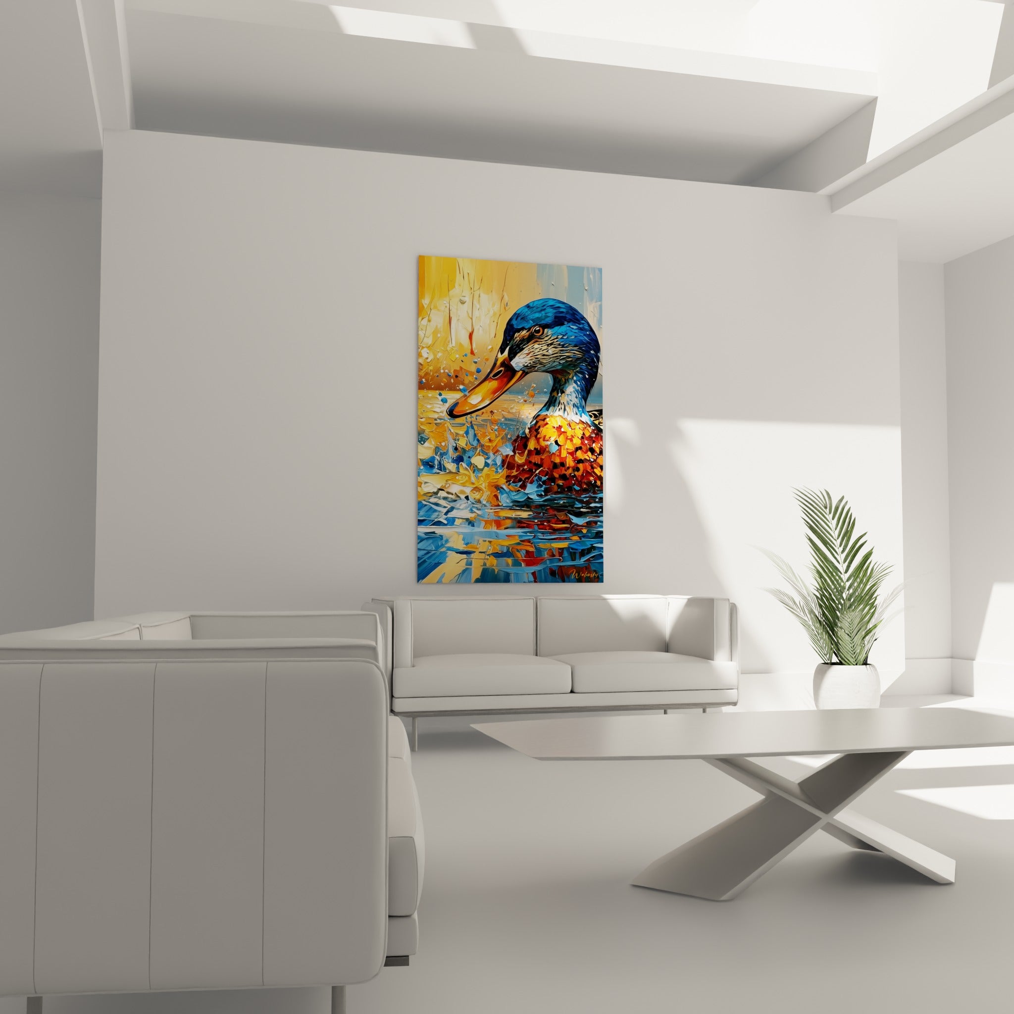 Bec orange et plumage bleu marine du canard colvert, éclaboussures dorées, au-dessus d'un canapé dans un salon lumineux