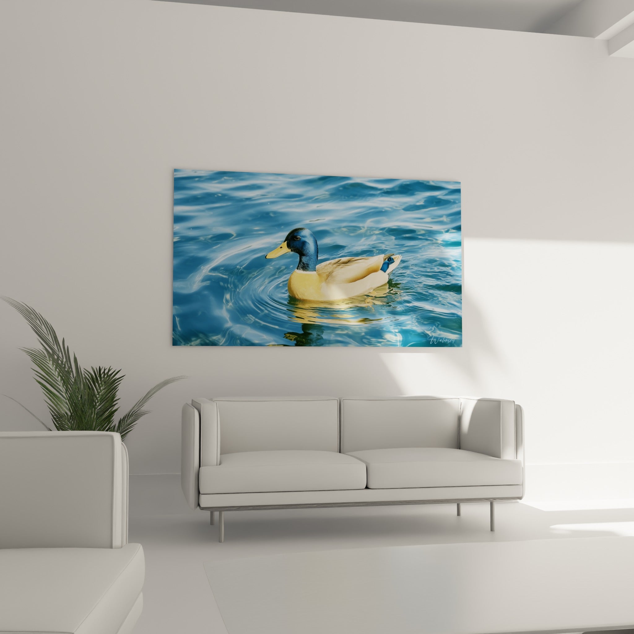 Oiseau aquatique bleu et doré voguant sur une eau ondulée, au-dessus d'un canapé dans un salon lumineux