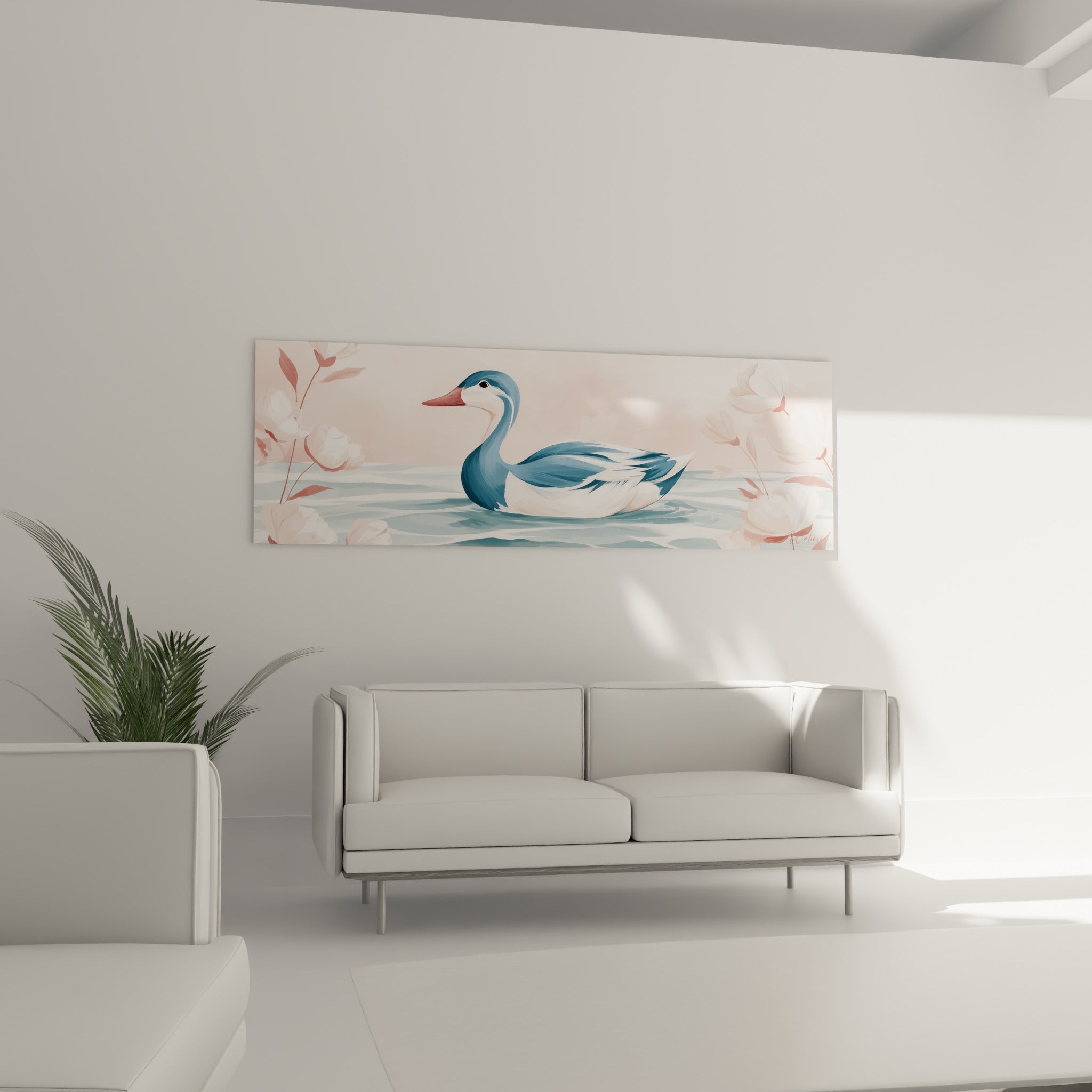 Plumage bleuté et bec rosé du canard sur fond de pivoines, au-dessus d'un canapé dans un salon lumineux