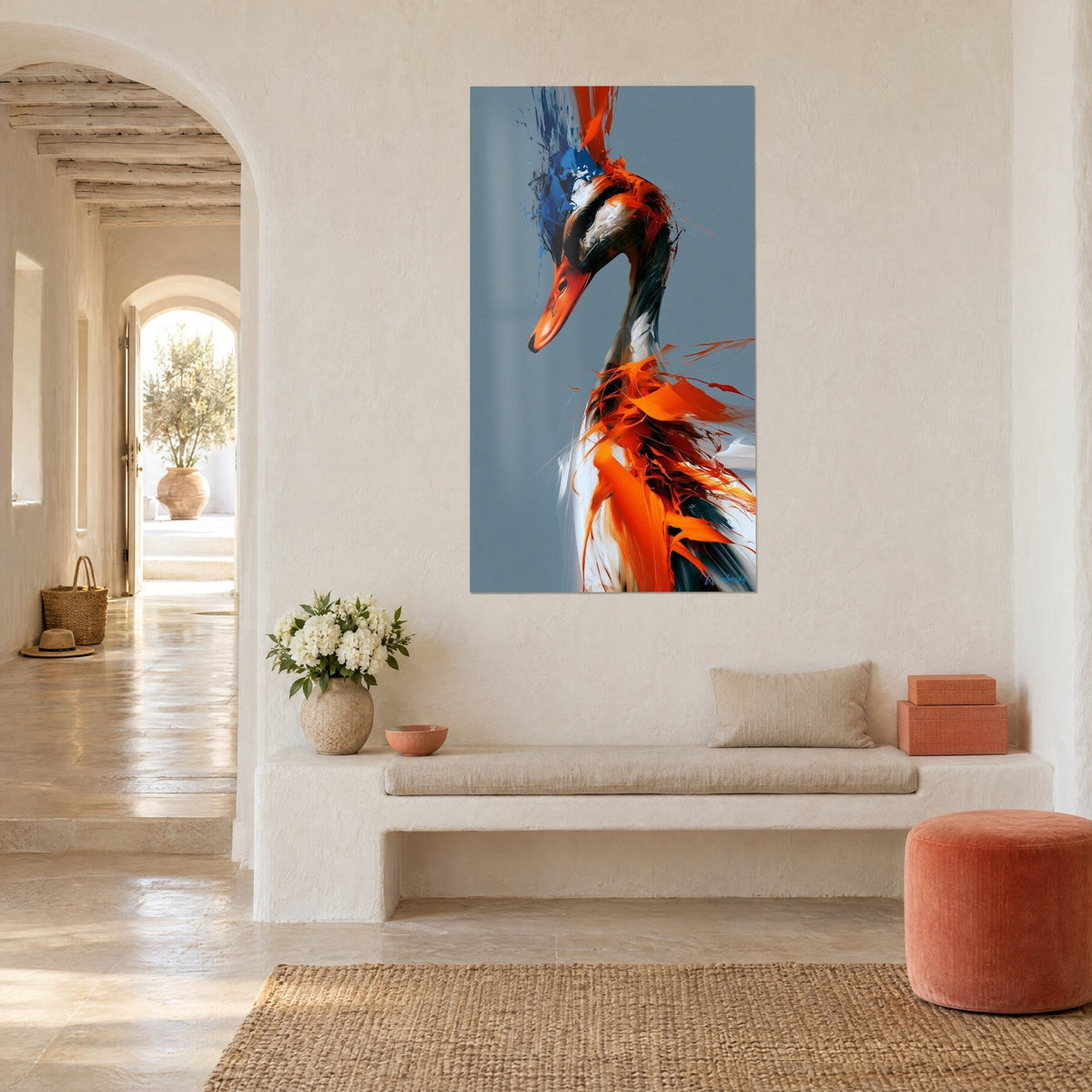 Wall art upright waterbird, black and white neck, blue crest and orange streaks on a steel-grey background, whitewashed wall, ochre bench