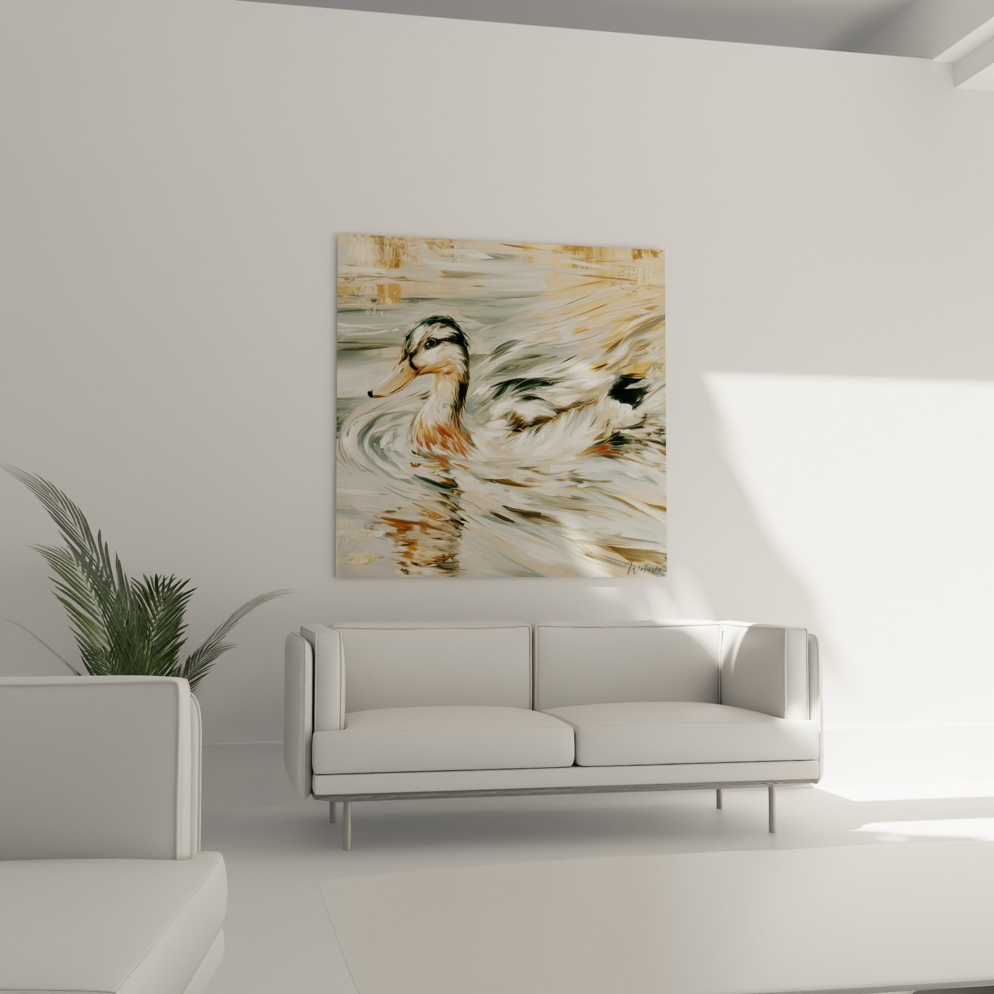 Silhouette du canard gris et brun glissant sur l'eau, au-dessus d'un canapé dans un salon lumineux
