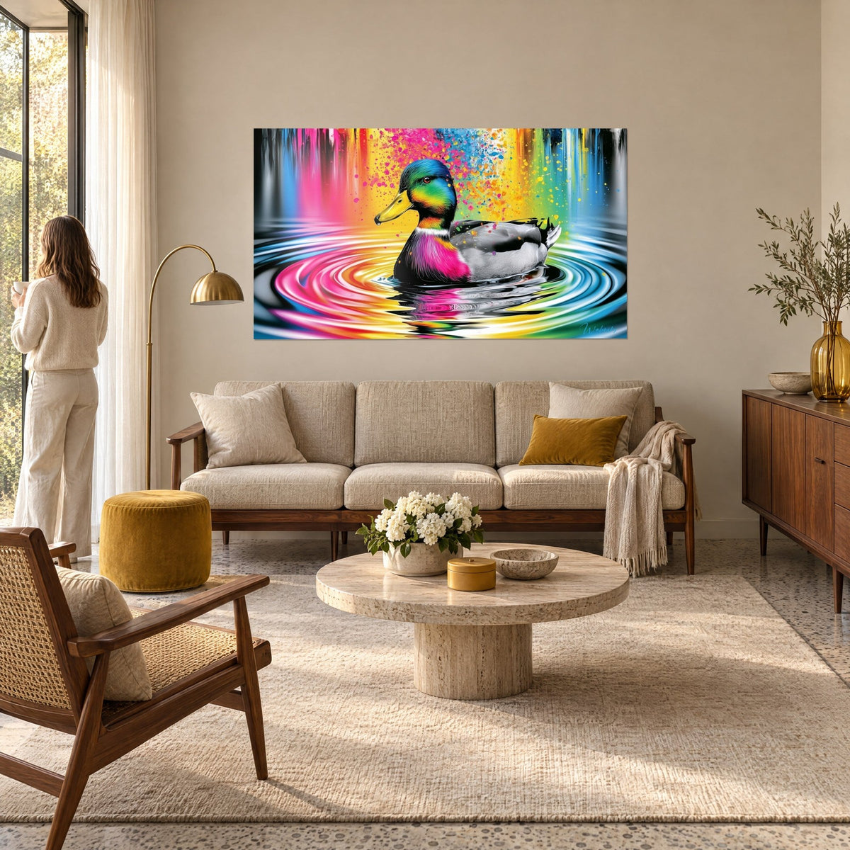 Cuadro de un ánade real con cabeza verde y pechera rosa, nadando entre ondas amarillas y turquesa, encima de un sofá en un salón luminoso