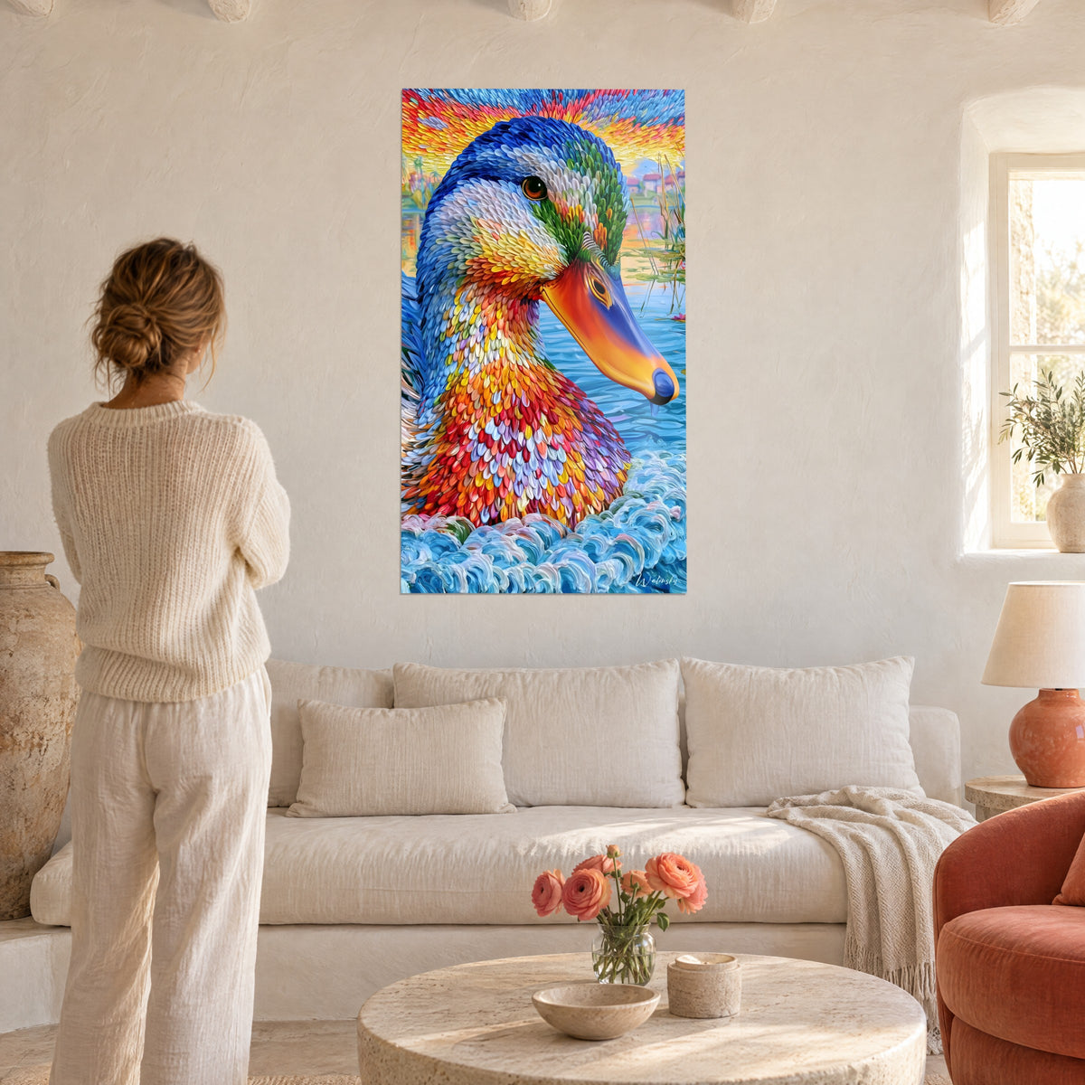 Gemälde Ente mit Blütenblatt-Federn in Kobaltblau und Zinnoberrot, orangefarbener Schnabel, eine Frau von hinten, über einem Sofa in einem hellen Wohnzimmer