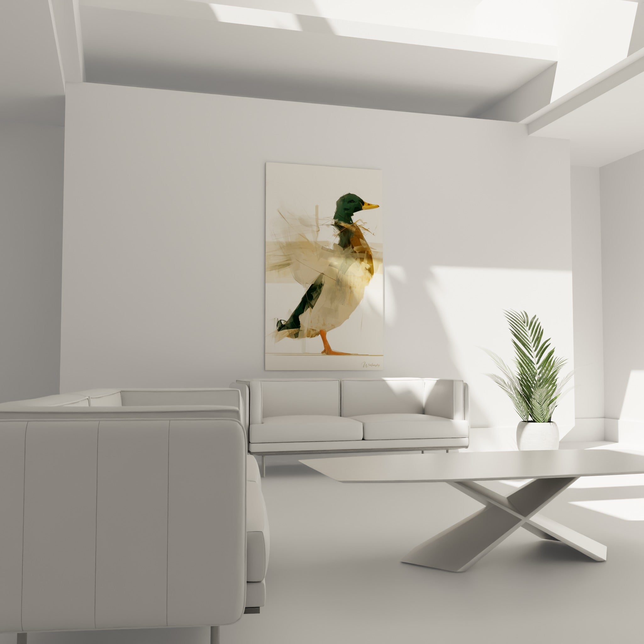Canard colvert esquissé en vert émeraude et beige sableux, au-dessus d'un canapé dans un salon lumineux