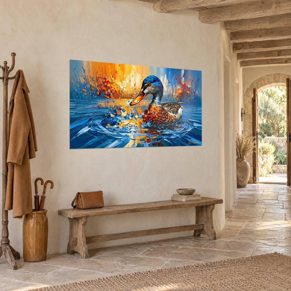 Gemälde gleitende Ente auf der Wasseroberfläche, orangefarbene Wasserspritzer und königsblaue Reflexe, Steinmauer eines Landhauses