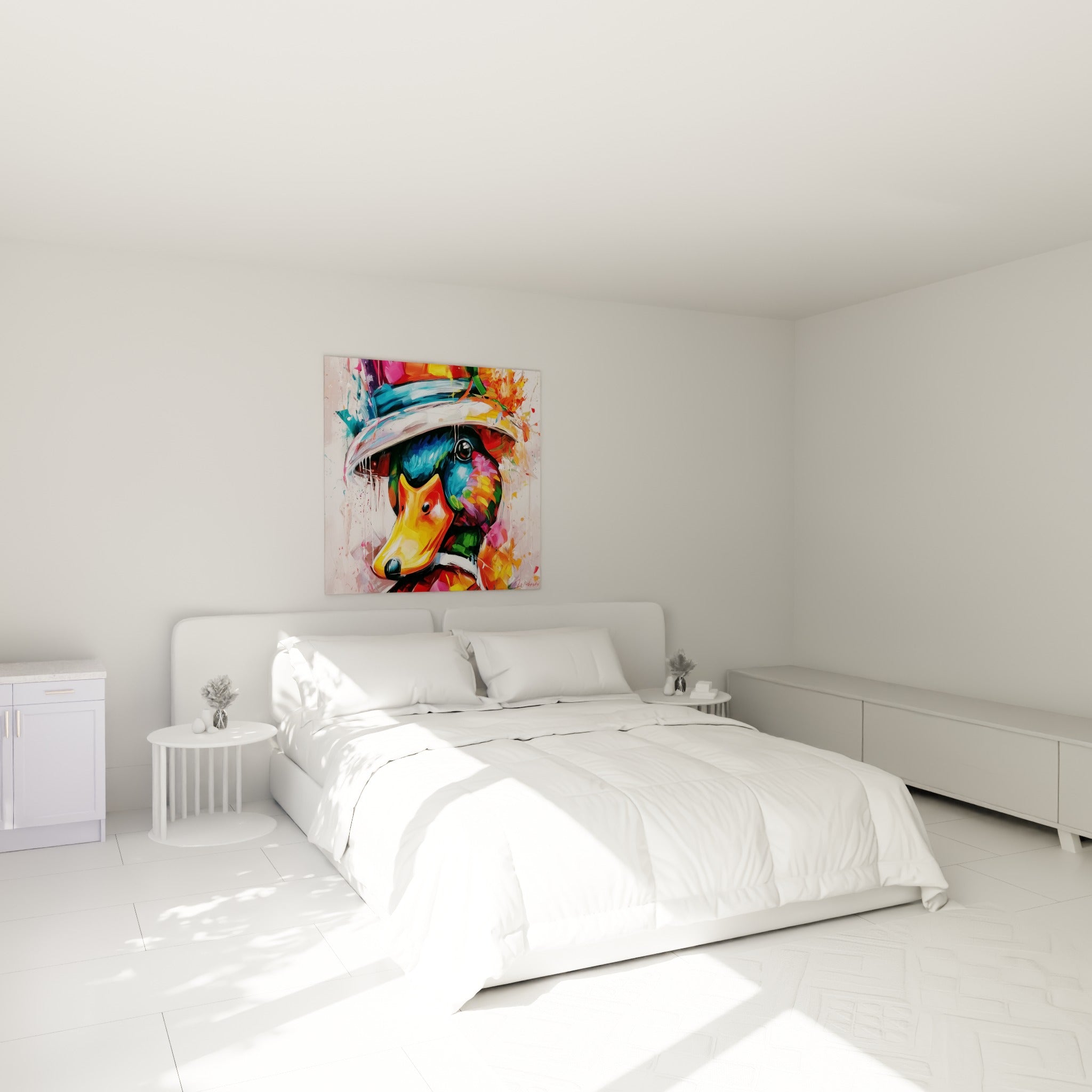 Canard coloré au chapeau bleu et bec orangé, accroché au-dessus d'un lit dans une chambre claire