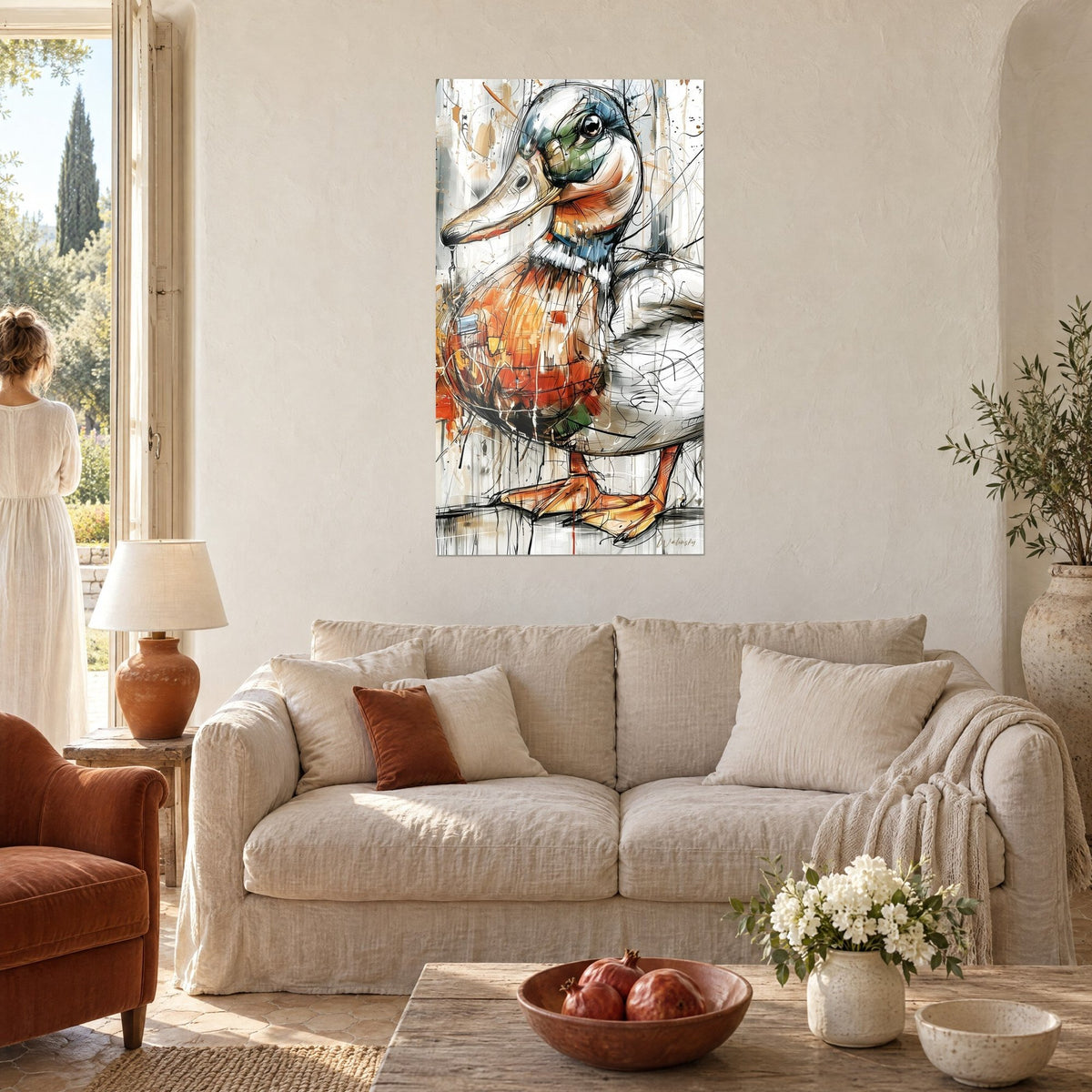 Tableau canard colvert esquissé, plumage orange et blanc, bec ocre, au-dessus d'un canapé dans un salon lumineux