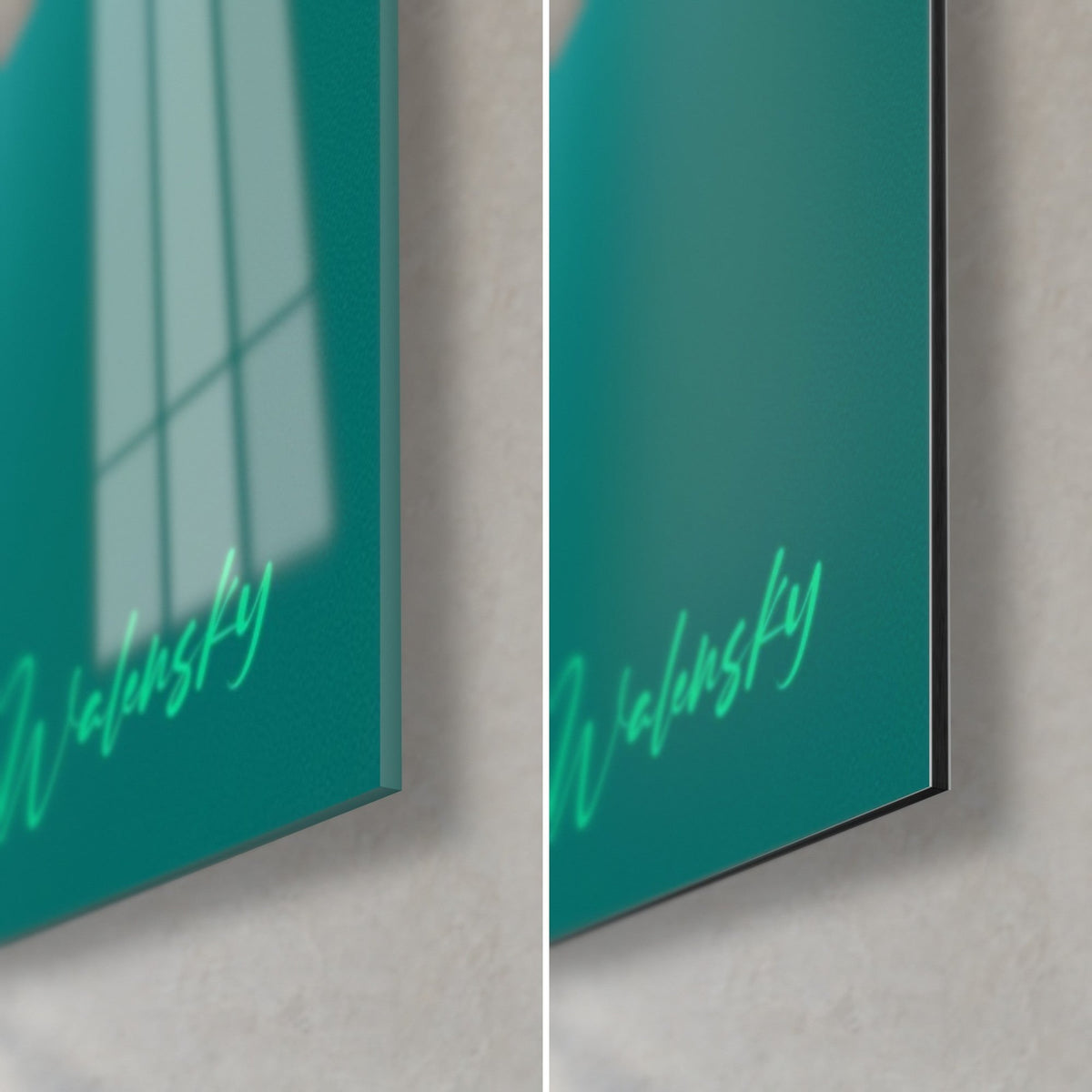 Tableau canard turquoise, signature verte Walensky, coin bas droit : verre acrylique brillant à gauche, Dibond noir mat à droite