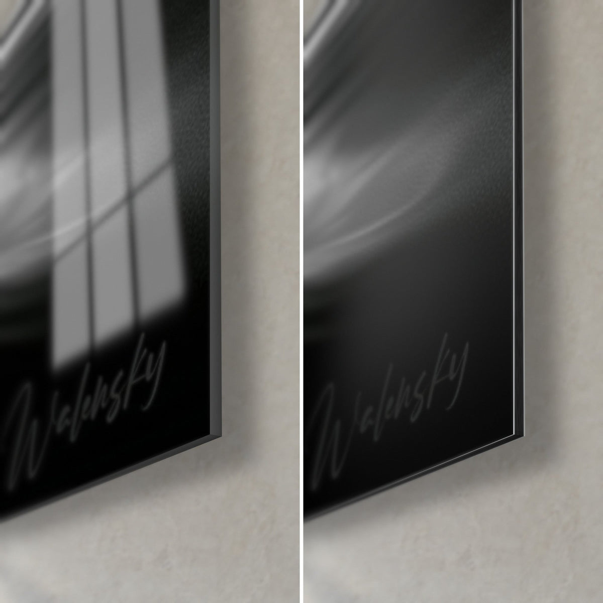 Tableau canard sur eau calme, coin bas droit : verre acrylique noir brillant et reflets, alu Dibond mat gris anthracite, tranche de 3 mm
