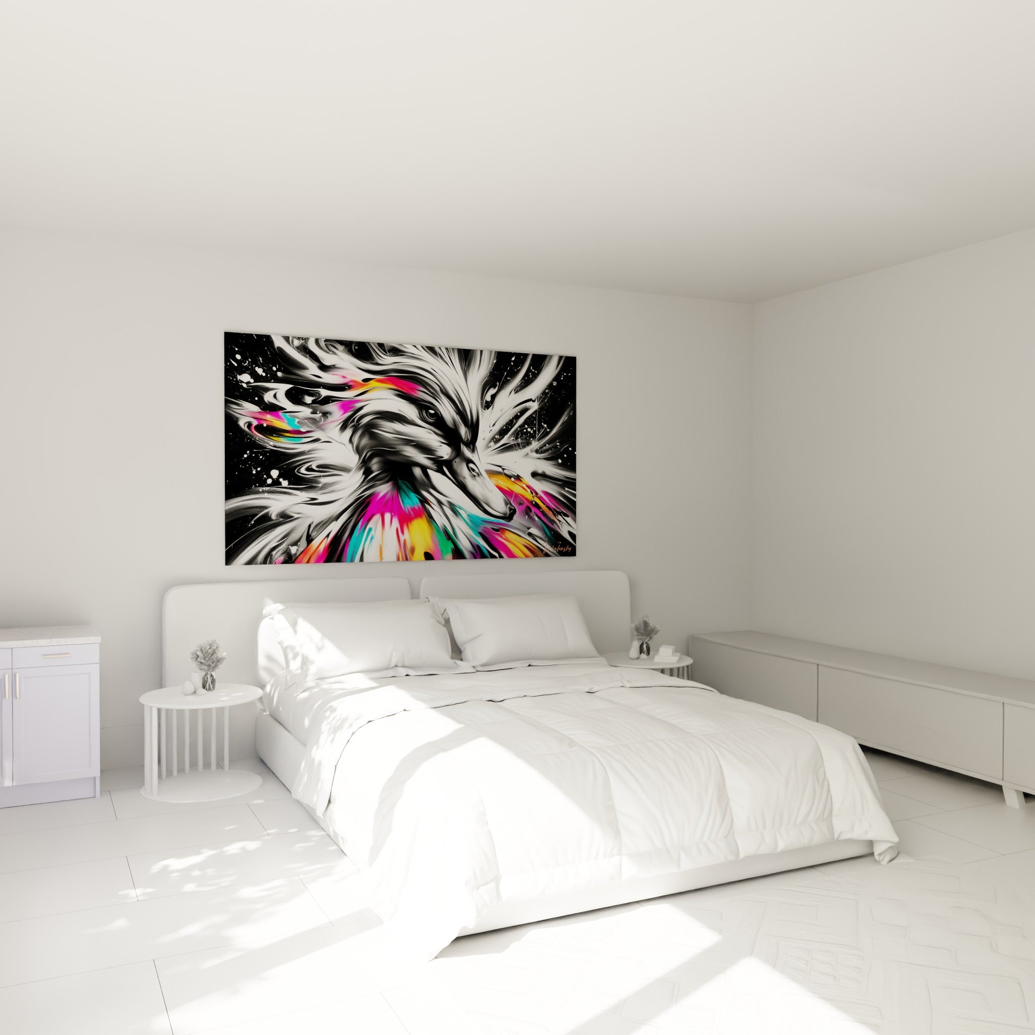 Plumage tourbillonnant du canard en noir, doré et rose au-dessus d'un lit dans une chambre claire