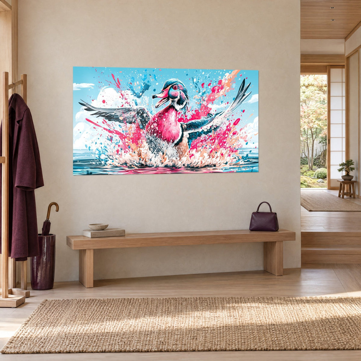 Tableau oiseau aquatique rose fuchsia battant des ailes grises, gouttes bleu ciel et saumon projetées, accroché dans une entrée japandi