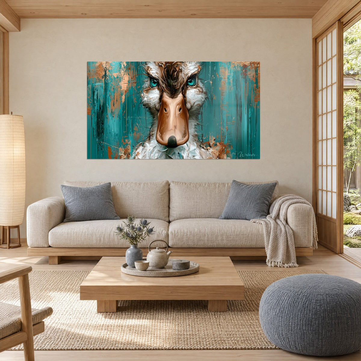 Tableau canard au regard perçant, yeux turquoise et bec cuivré sur fond vert-bleu, au-dessus d'un canapé dans un salon lumineux