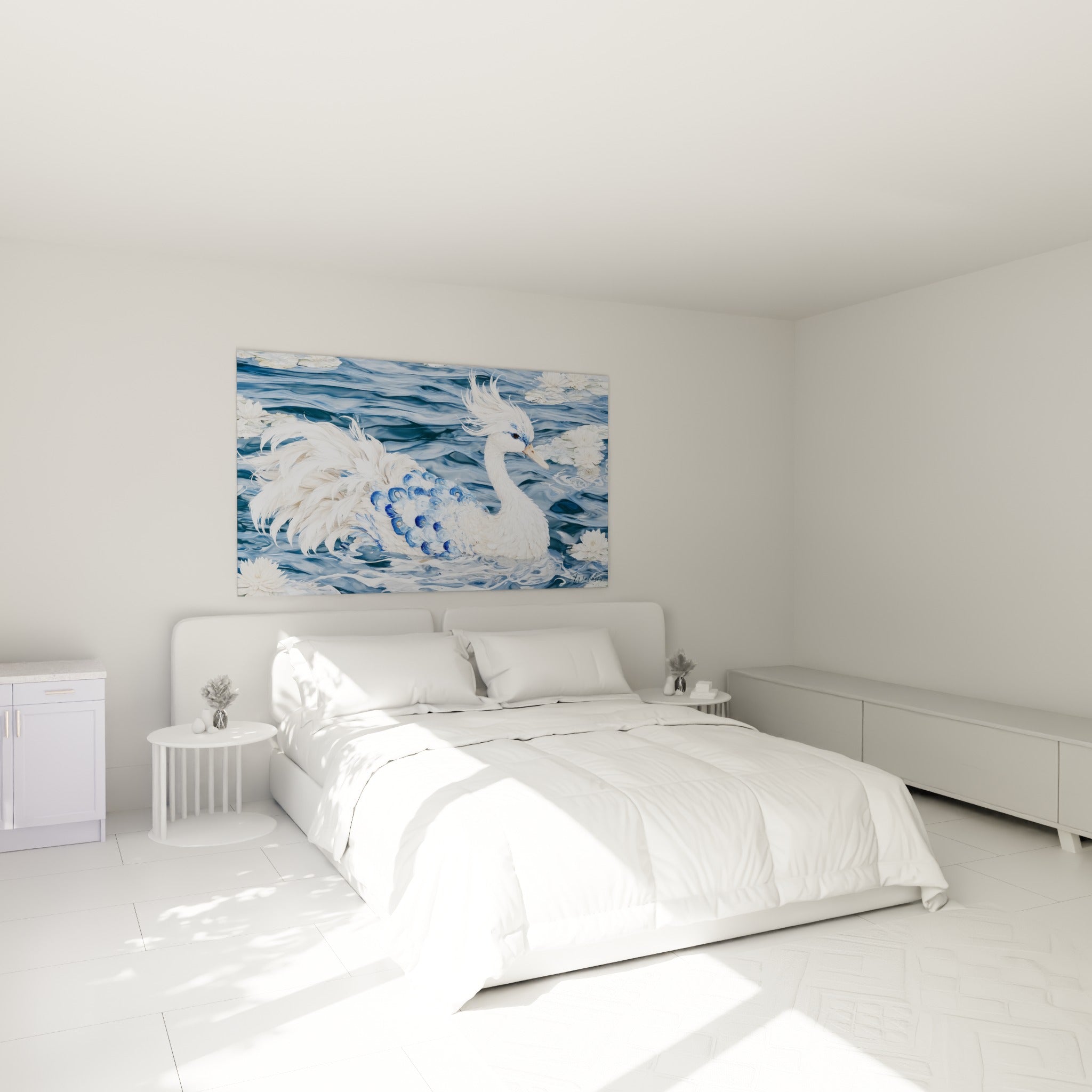 Oiseau aquatique blanc et bleu marine au-dessus d'un lit dans une chambre claire, entouré de nénuphars