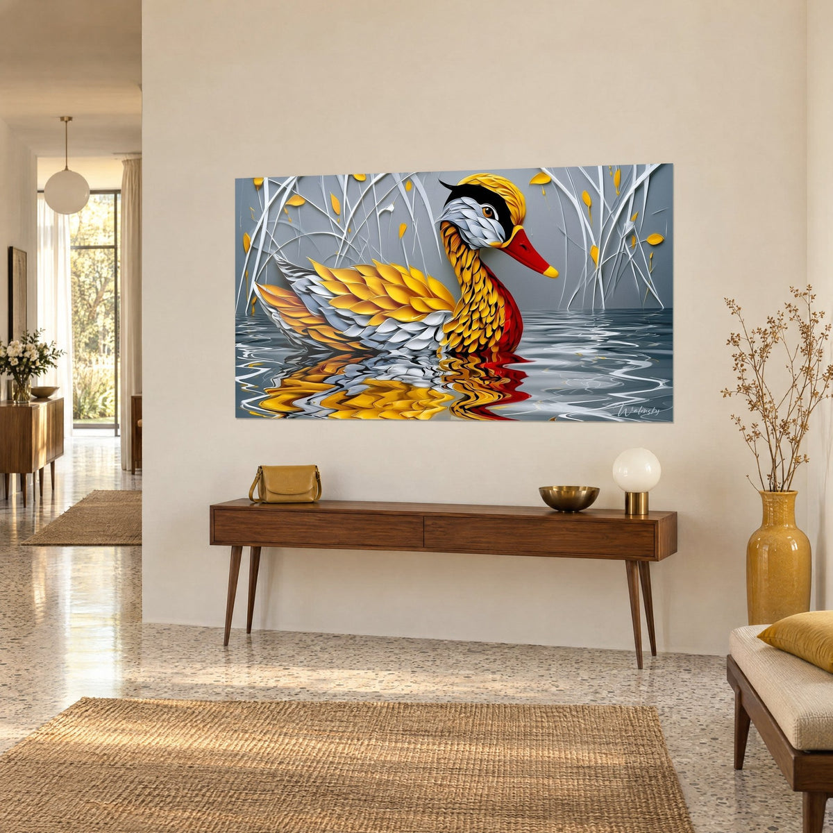 Cuadro ave acuática de plumaje dorado y gris perla, reflejo ondulado en el agua, vista de tres cuartos, consola de madera, salón
