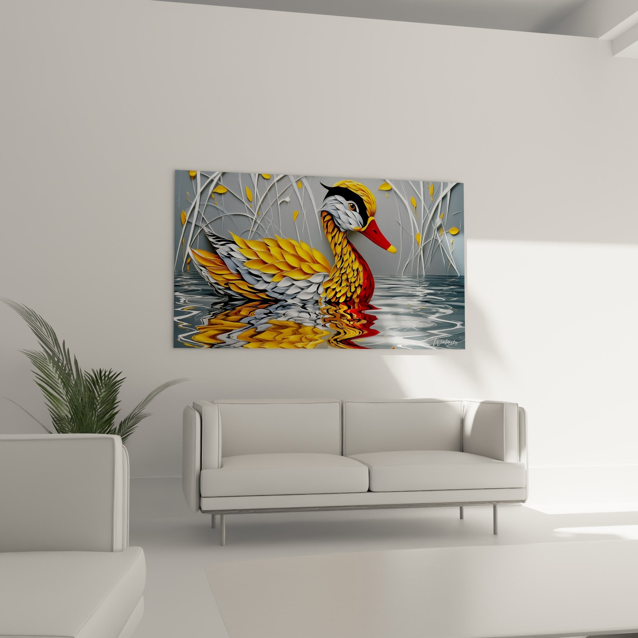 Canard aux plumes dorées et grises glissant sur l'eau, accroché au-dessus d'un canapé dans un salon lumineux