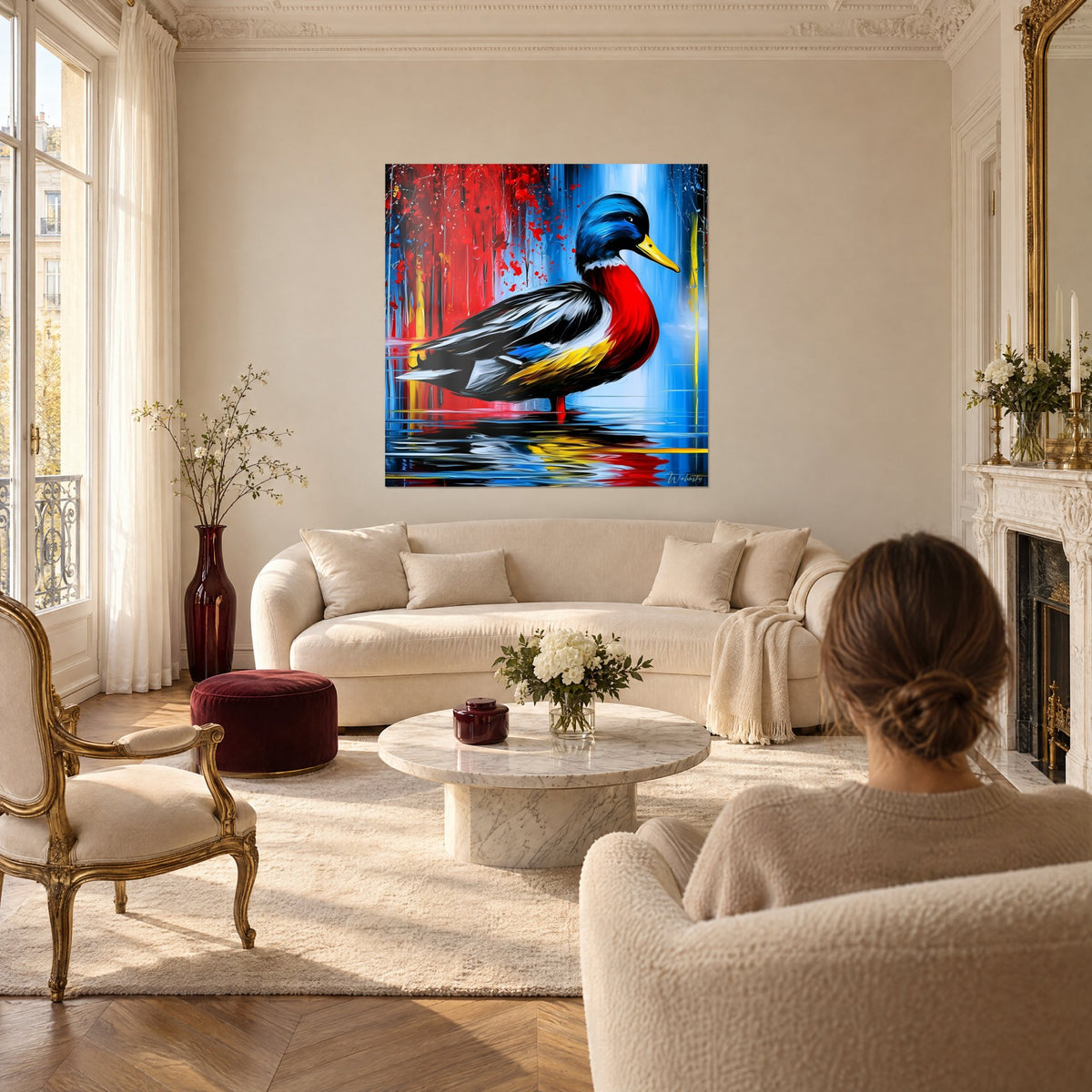 Quadro di un germano reale con piume rosse e blu, becco giallo, riflesso nell'acqua, sopra un divano in un soggiorno luminoso