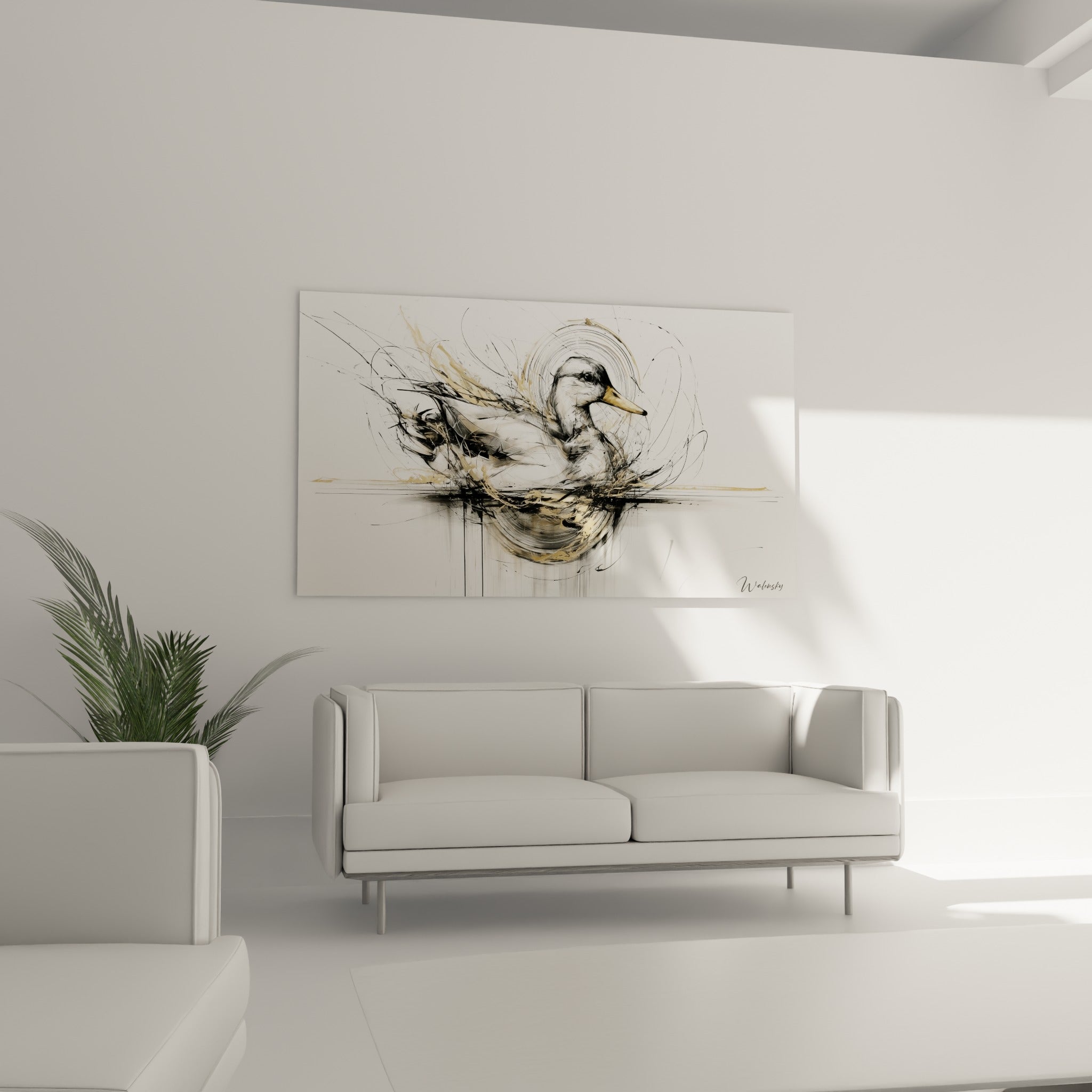 Canard tourbillonnant en noir et or, reflet sur l'eau, au-dessus d'un canapé dans un salon lumineux