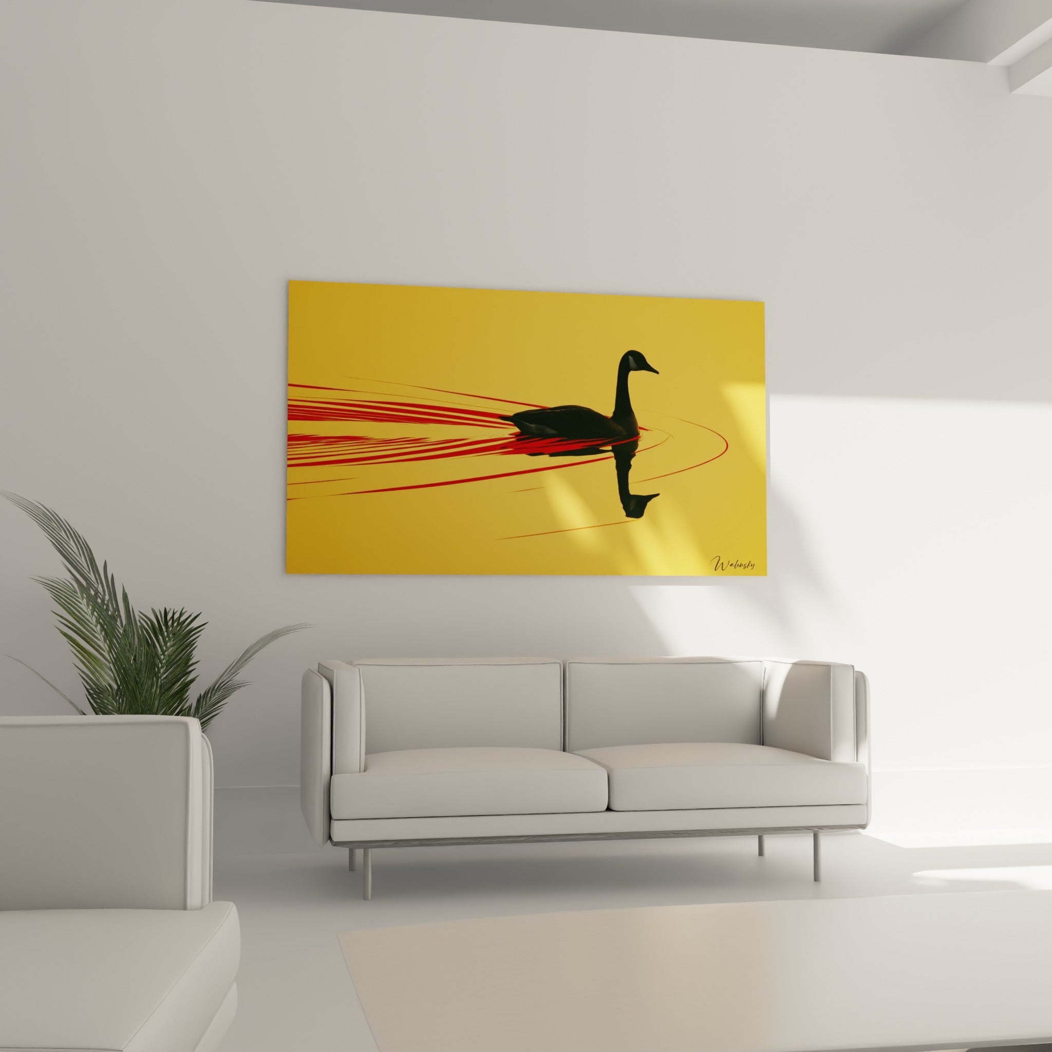 Oiseau sombre nageant sur une surface jaune, sillage rouge vif, au-dessus d'un canapé dans un salon lumineux