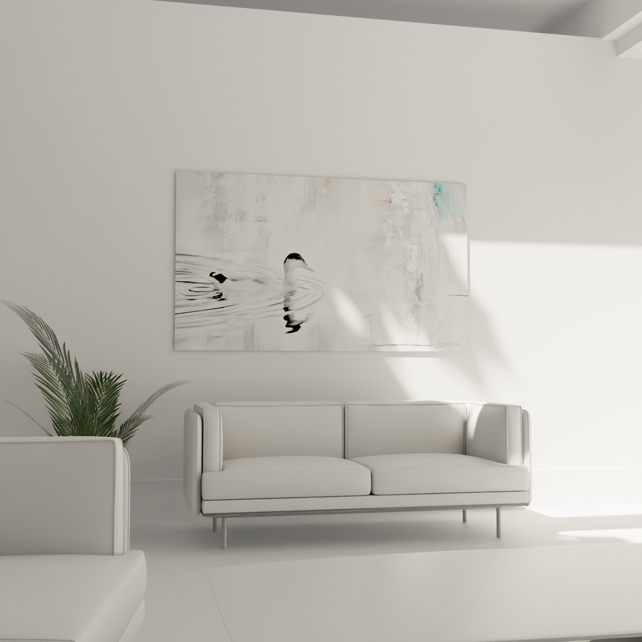 Canard noir et blanc glissant sur une eau anthracite, disposé au-dessus d'un canapé dans un salon lumineux