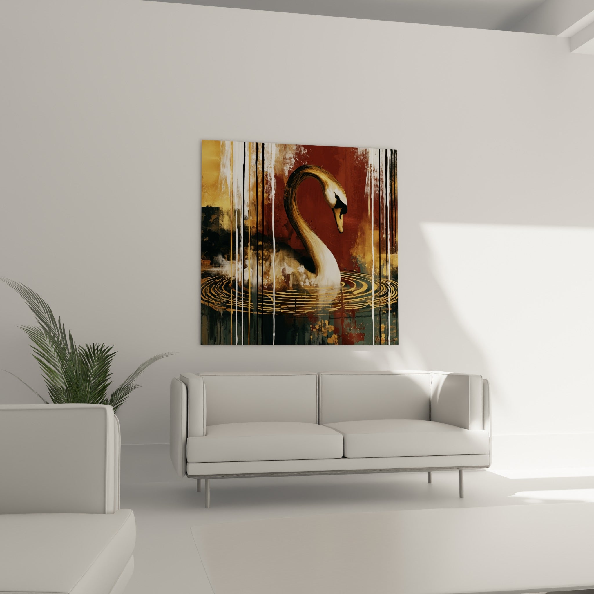 Reflets ambrés et ivoire du cygne accroché au-dessus d'un canapé dans un salon lumineux