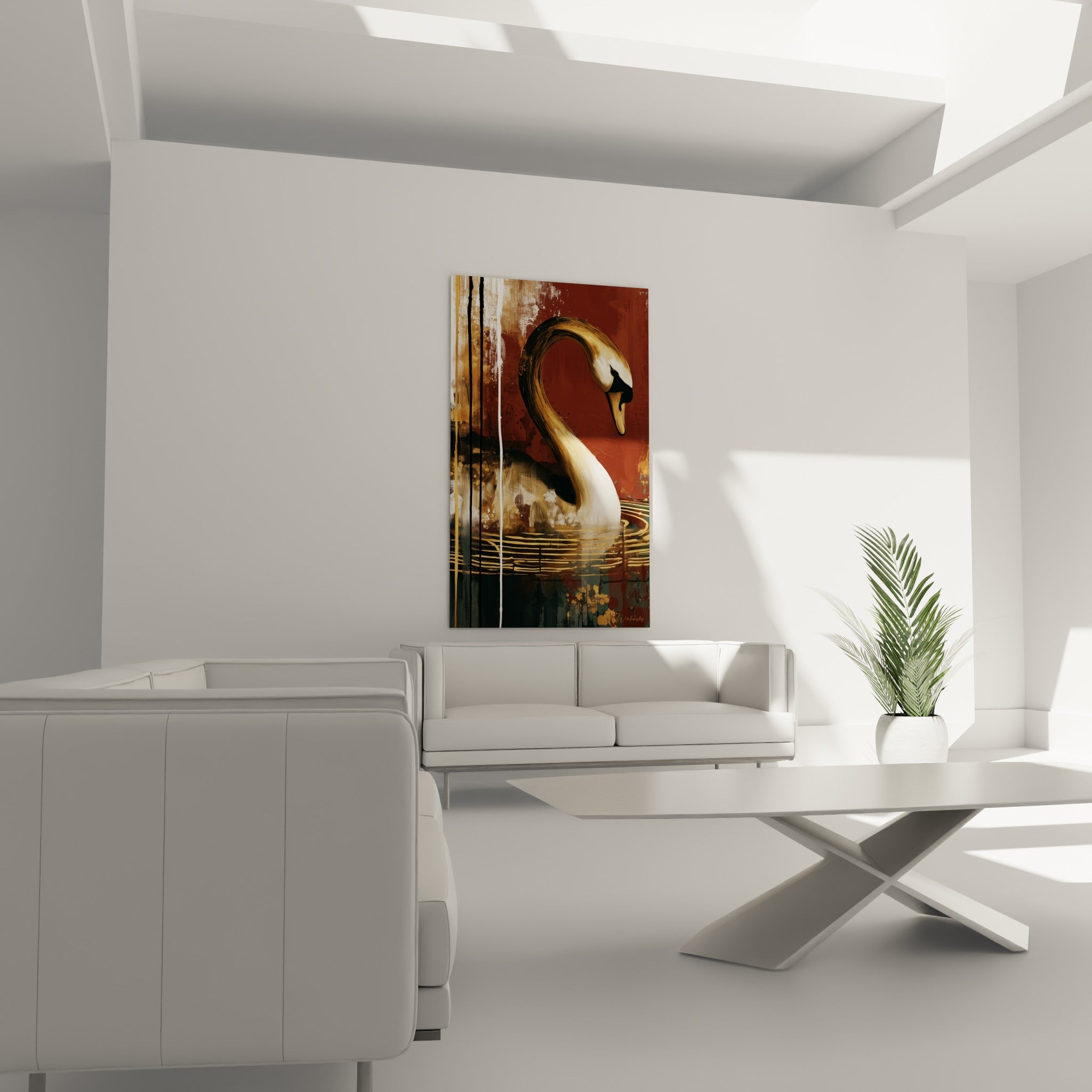 Cygne aux reflets dorés sur eau ondulée au-dessus d'un canapé dans un salon lumineux