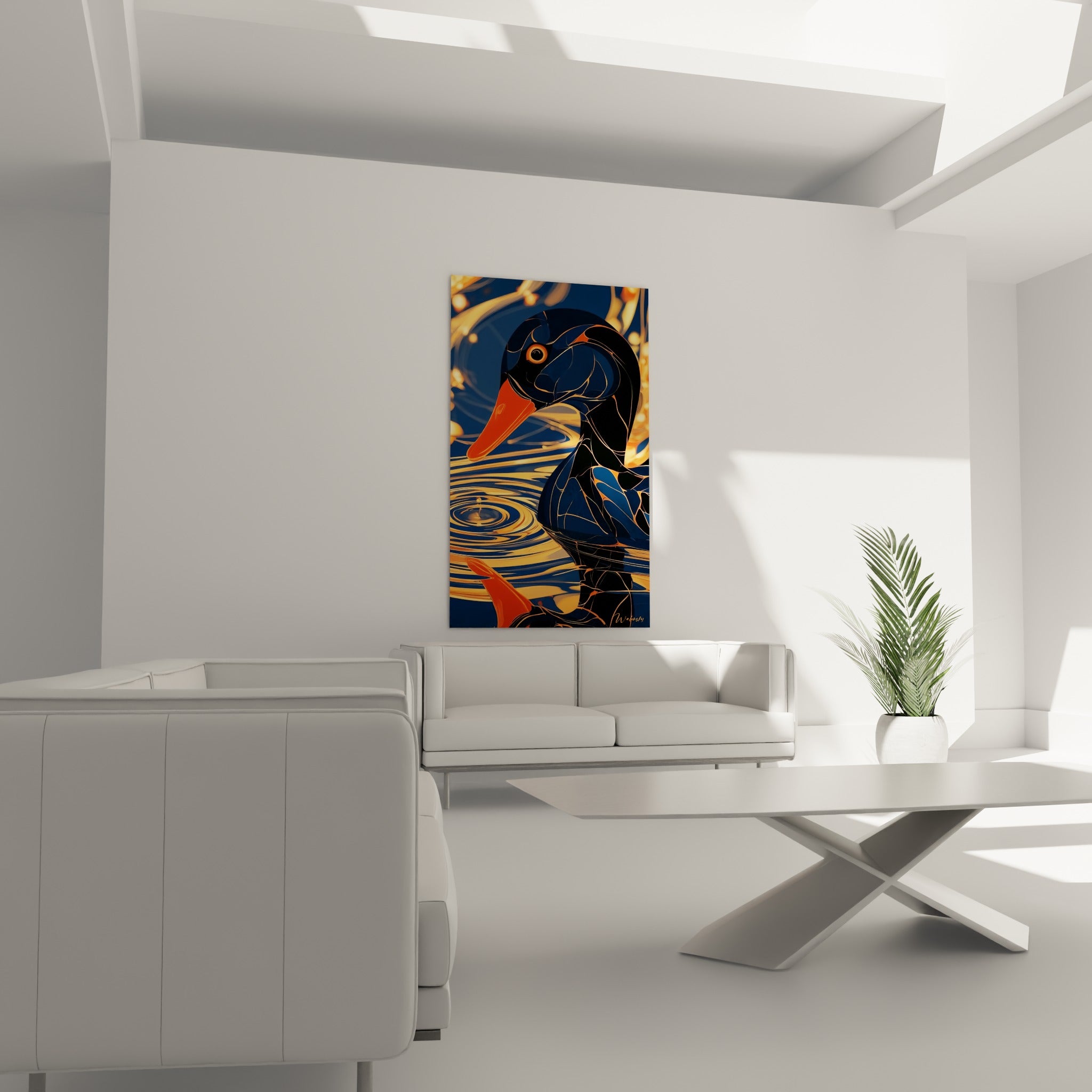 Canard graphique bleu marine et orange incandescent placé au-dessus d'un canapé dans un salon lumineux