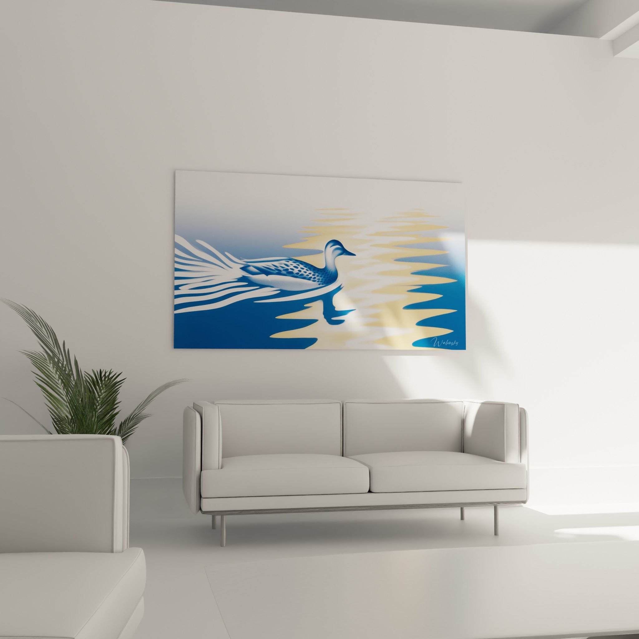 Canard aux tons bleu marine et ocre dans un sillage ondulant, placé au-dessus d'un canapé dans un salon lumineux