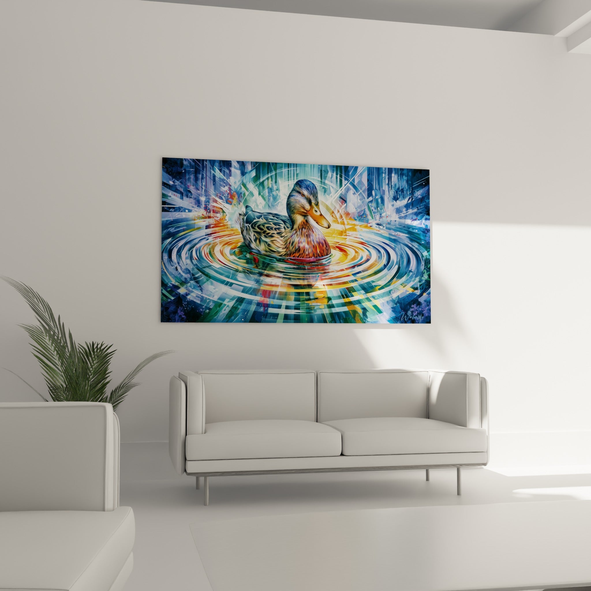 Canard aux plumes violettes et brunes flottant sur cercles bleu marine, au-dessus d'un canapé dans un salon lumineux